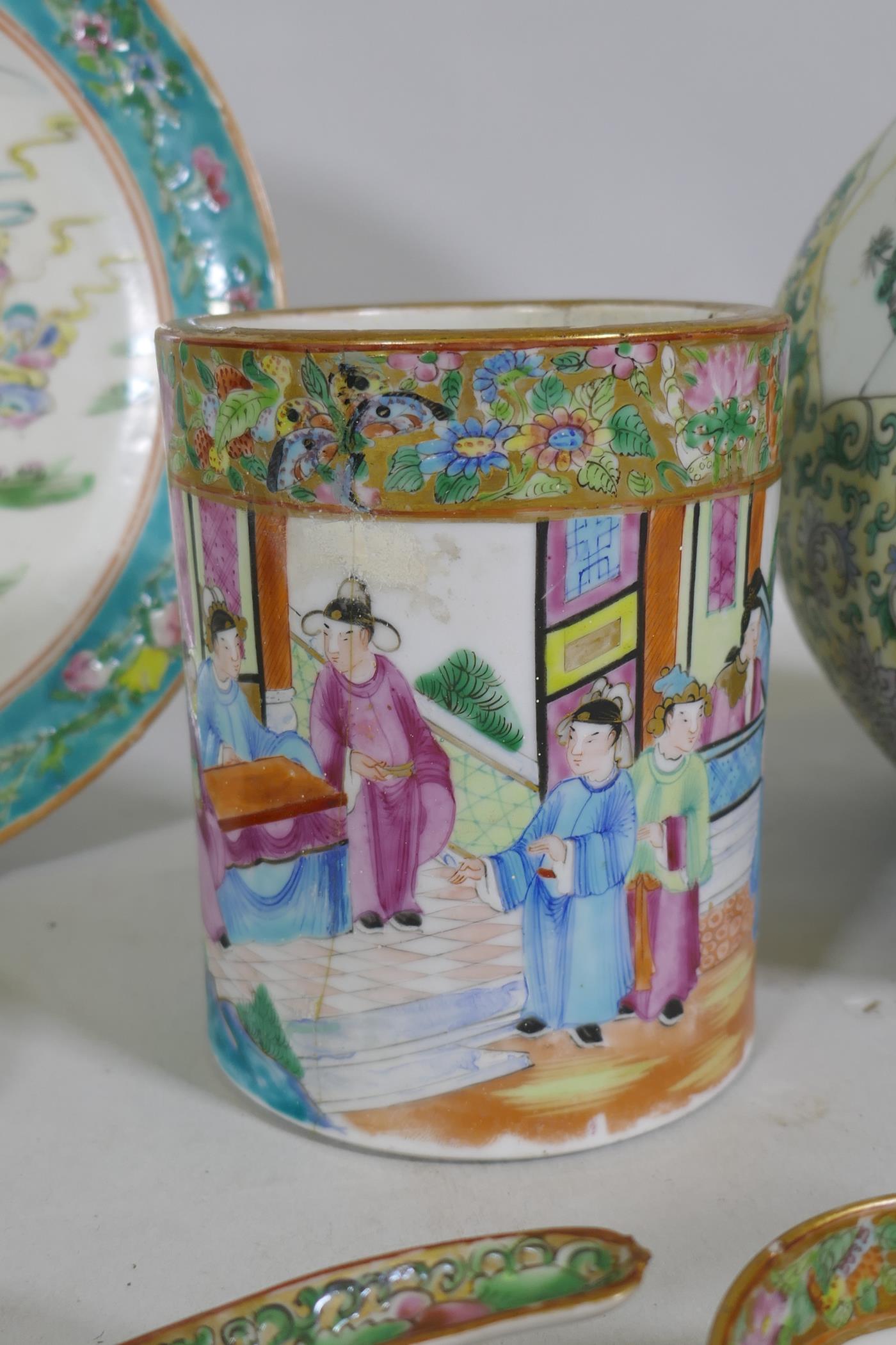 A C19th Chinese famille verte plate with enamel decoration, 24cm diameter, three jars (AF), vase, - Image 7 of 14