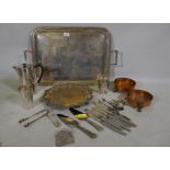 A Sheffield silver plate serving tray, another smaller, silver handled knives and servers, tongs and