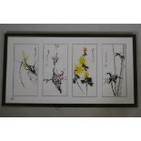Four Chinese fine art prints in ink and watercolours of flora and fauna, in a single frame, frame 49