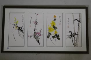 Four Chinese fine art prints in ink and watercolours of flora and fauna, in a single frame, frame 49