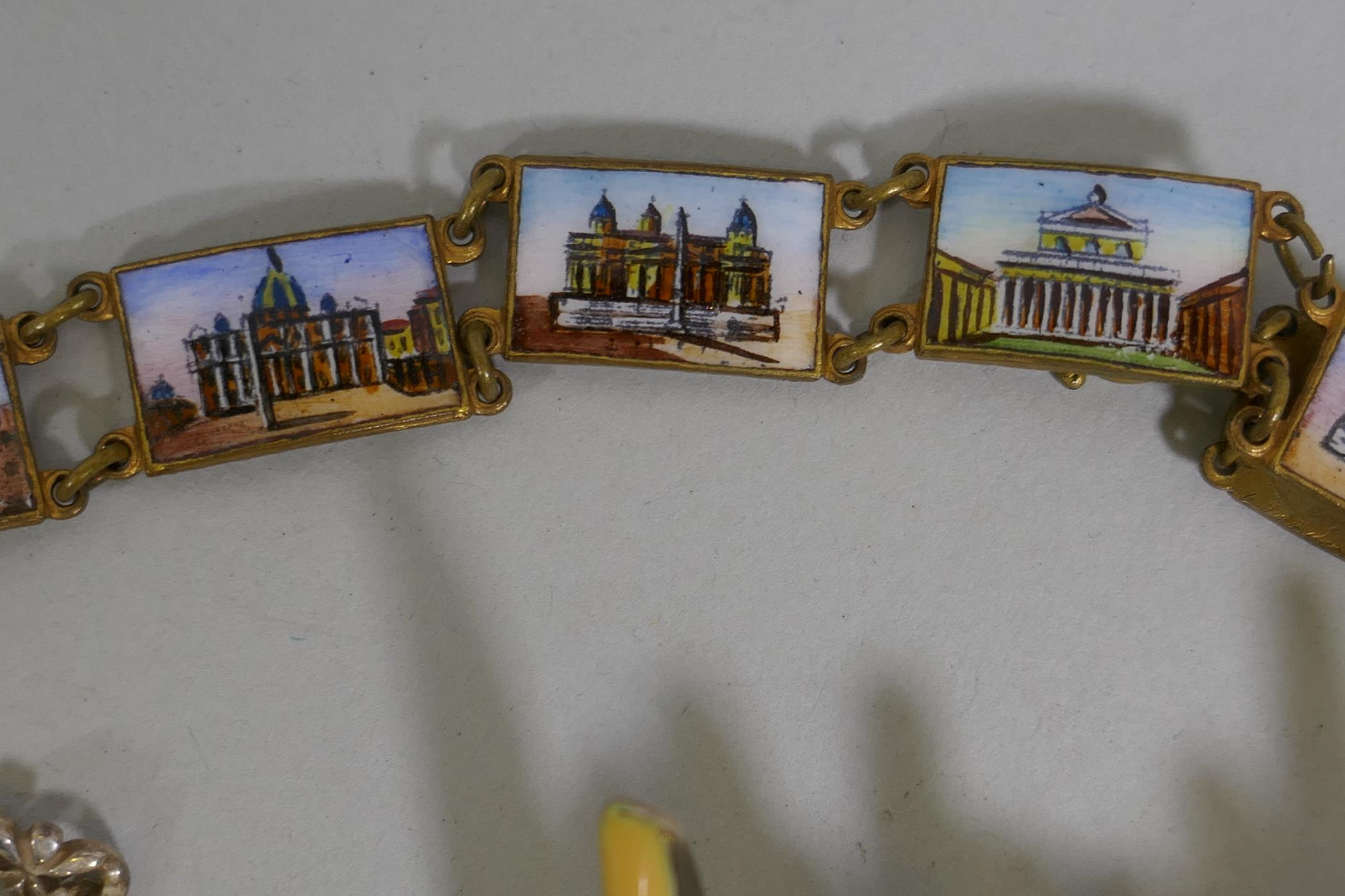 A contemporary enamel on white metal expanding bracelet, a silver bracelet and a gilt metal and - Image 2 of 5