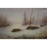 Winter landscape with wild boar, signed, oil on canvas, 110 x 80cm