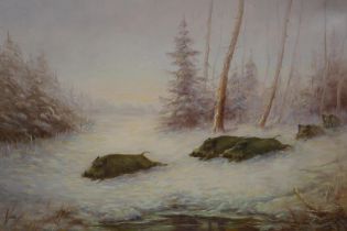 Winter landscape with wild boar, signed, oil on canvas, 110 x 80cm