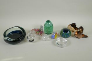 A quantity of art glass paper weights, animals and an ash tray, largest 12cm high