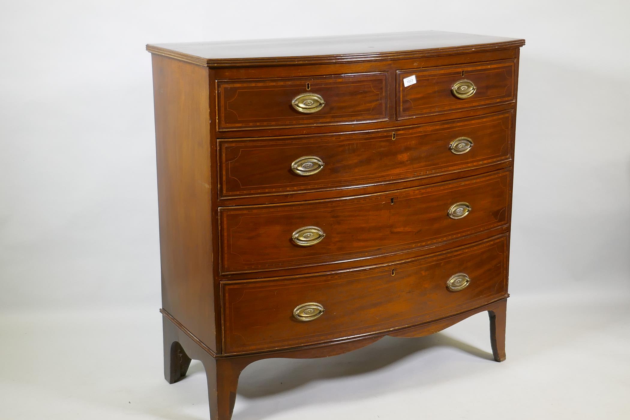A George III inlaid mahogany bowfront chest of two plus three drawers, with brass plate handles, - Image 3 of 3