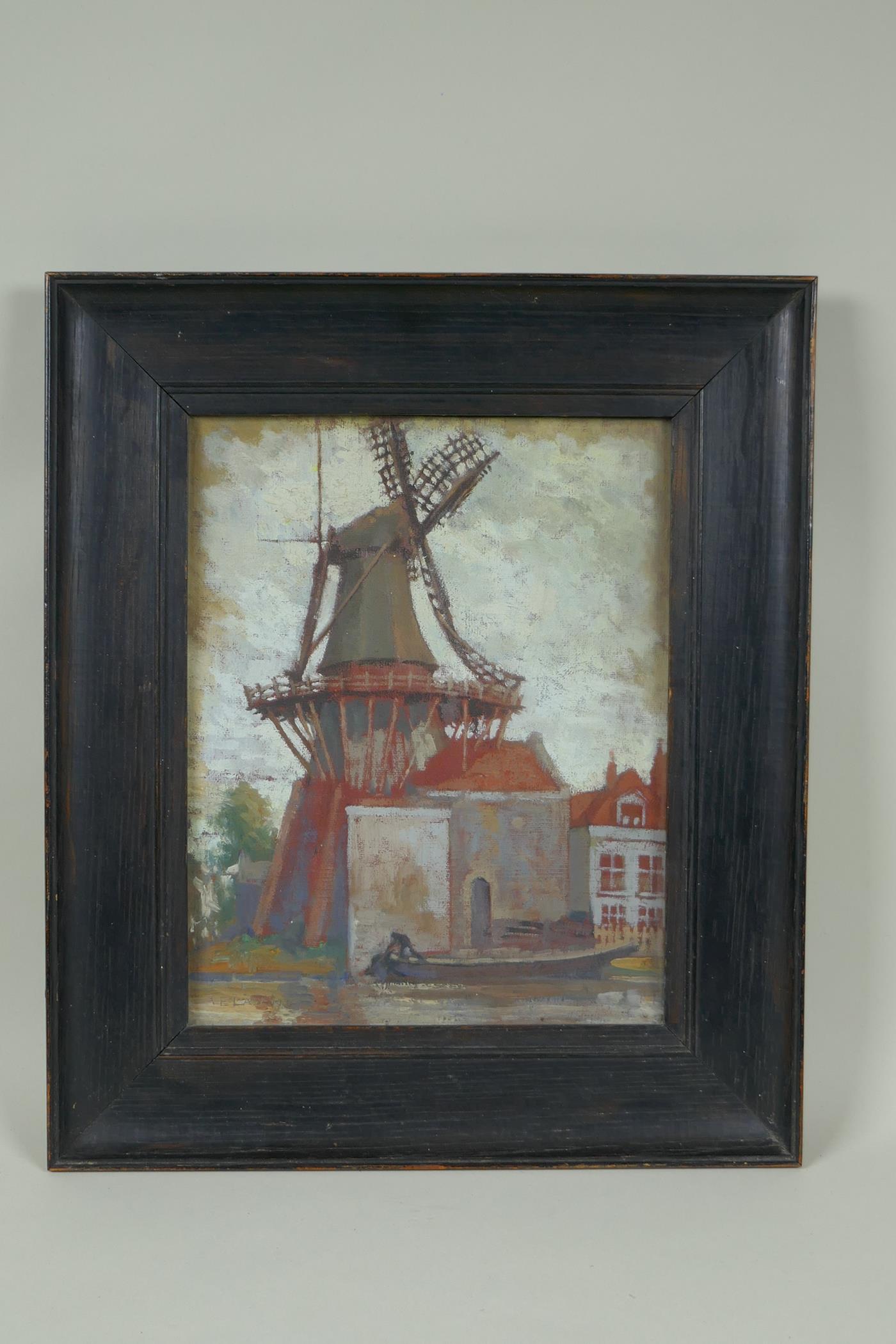 Arthur E. Law, Dutch canal scene with a windmill, oil on canvas board, 1925, 22 x 27cm - Image 2 of 4