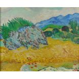 Impressionist style landscape, stamped initials L.V., mid C20th oil on board, 24 x 29cm