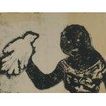 Figure with a dove, signed Nolan, framed monotype print, 40 x 50cm