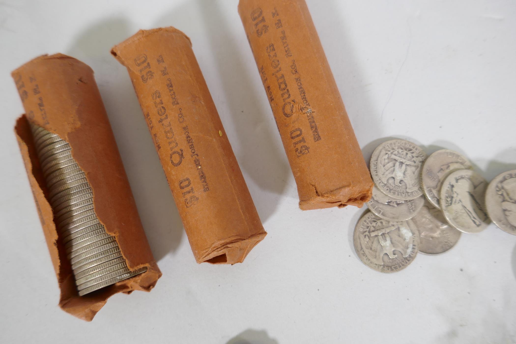 A quantity of U.S. silver quarter dollars, pre 1964, three silver dollars, two Mexican 25 pesos, - Image 2 of 9