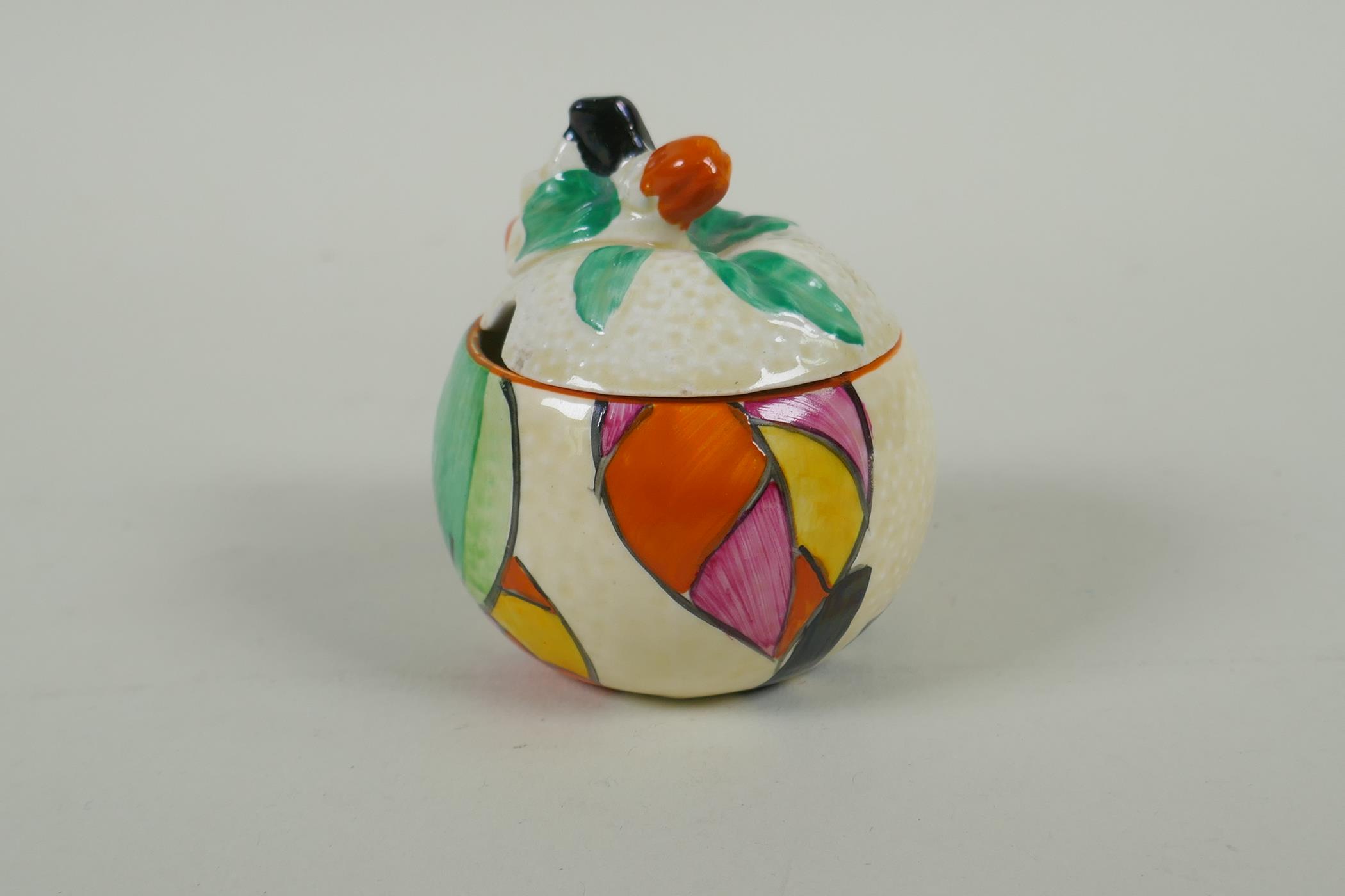 A Newport Pottery Clarice Cliff Fantasque Bizarre orange shaped preserve pot, 8cm high - Image 3 of 6