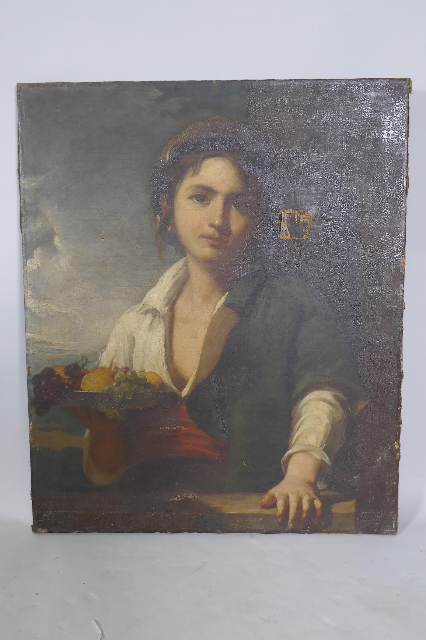 Boy with a bowl of fruit, unsigned, late C18th/early C19th, oil on canvas, AF 64 x 76.5cm - Image 3 of 5