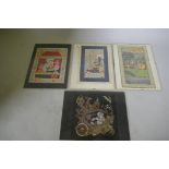 Three Indian watercolours on silk, 24 x 35cm, and a batik