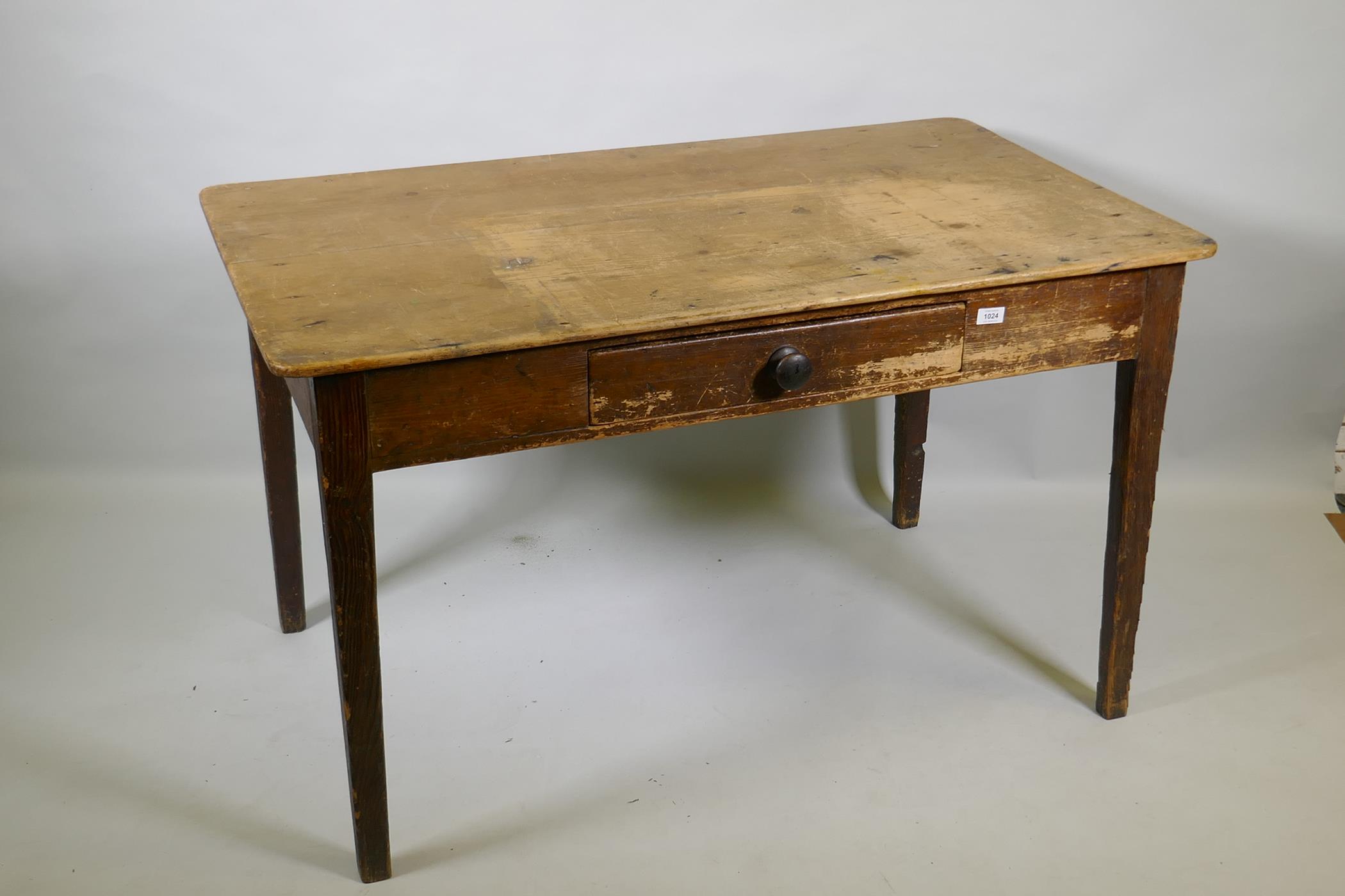 An early C19th pine scullery table with single drawer and scrubbed top, raised on tapering supports, - Image 3 of 3
