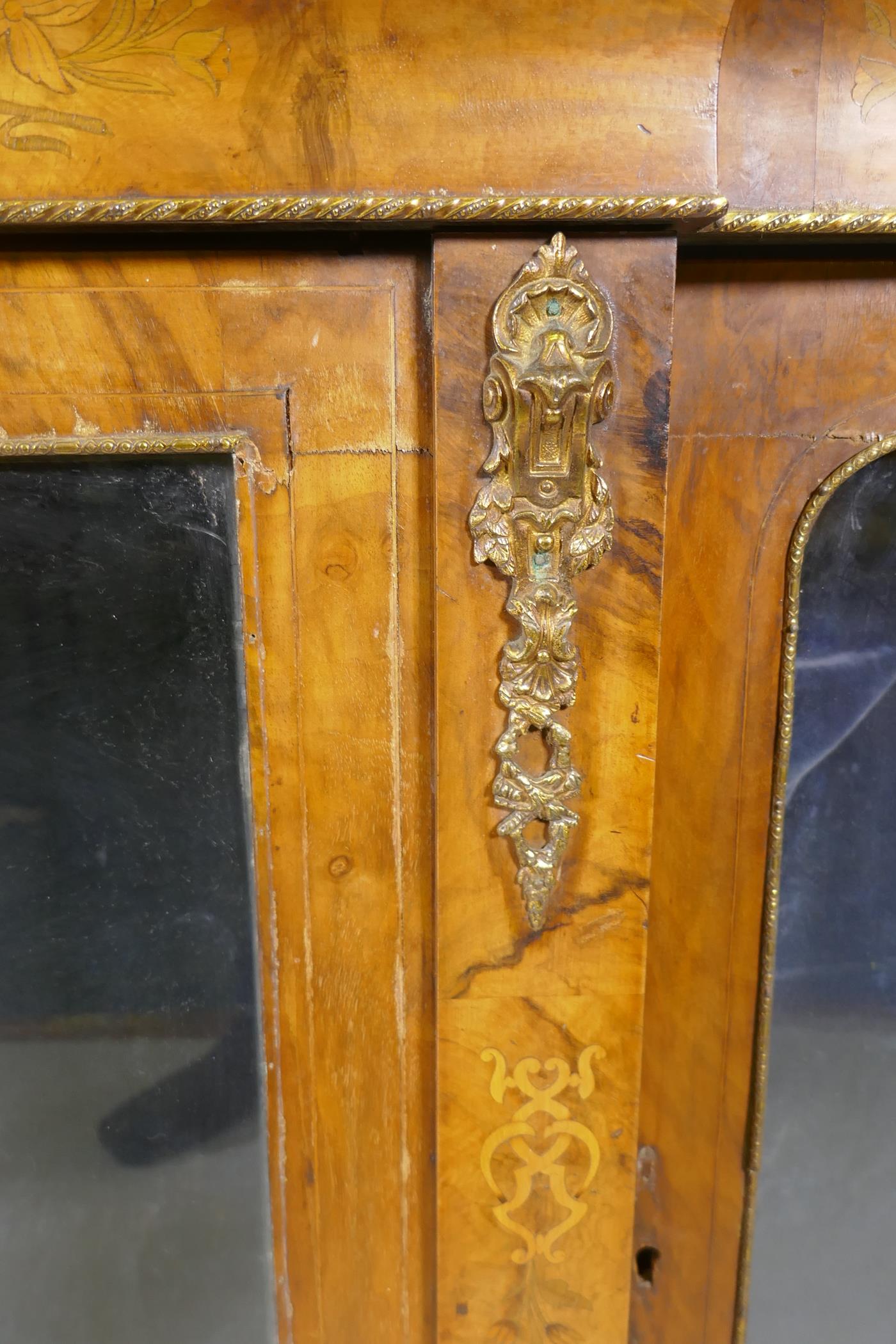 A Victorian marquetry inlaid breakfront walnut credenza with moulded frieze top over three arched - Image 4 of 5