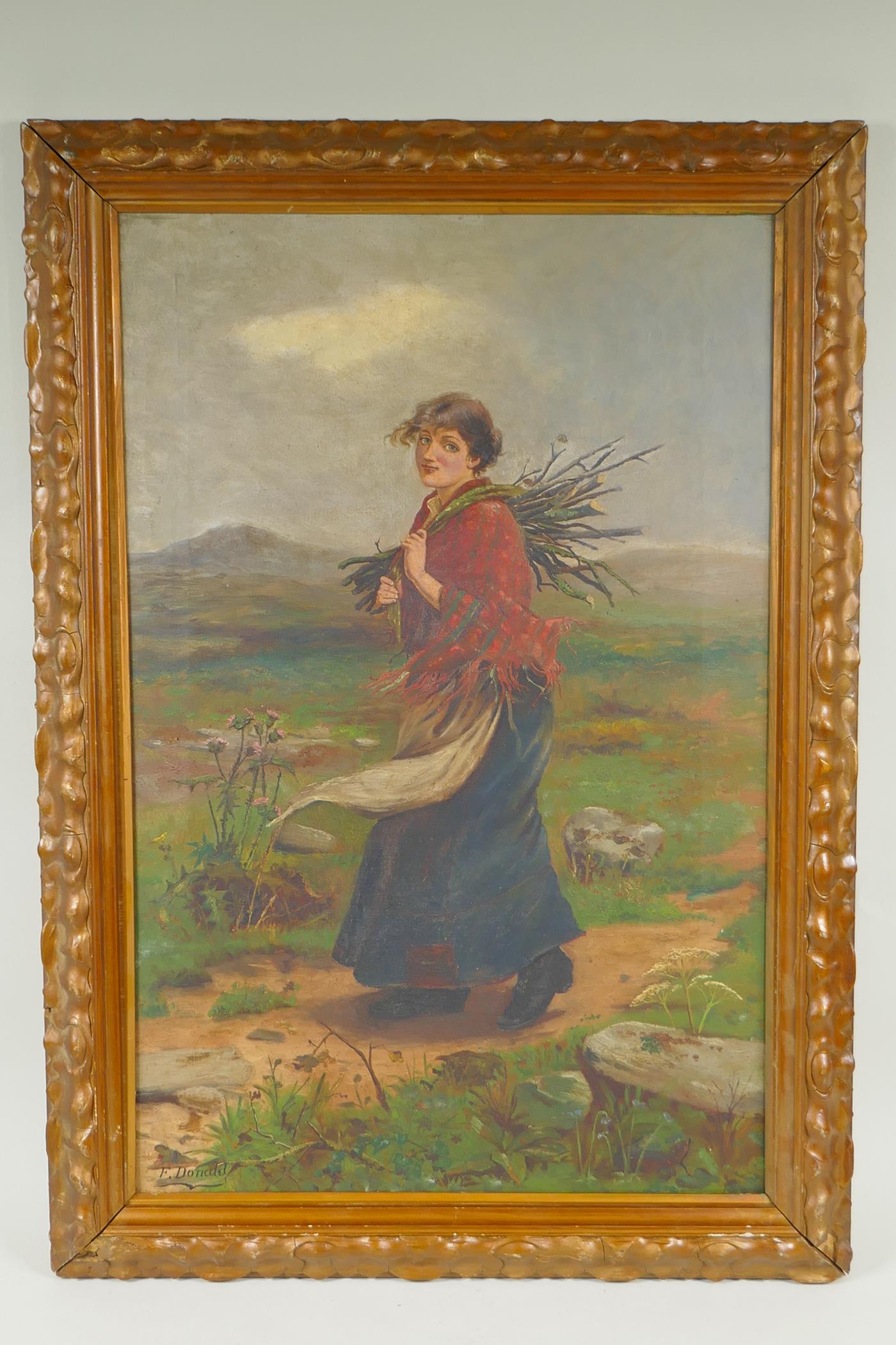 Landscape with young lady carrying faggots, signed F. Donald, oil on canvas, 59 x 39cm - Image 2 of 4