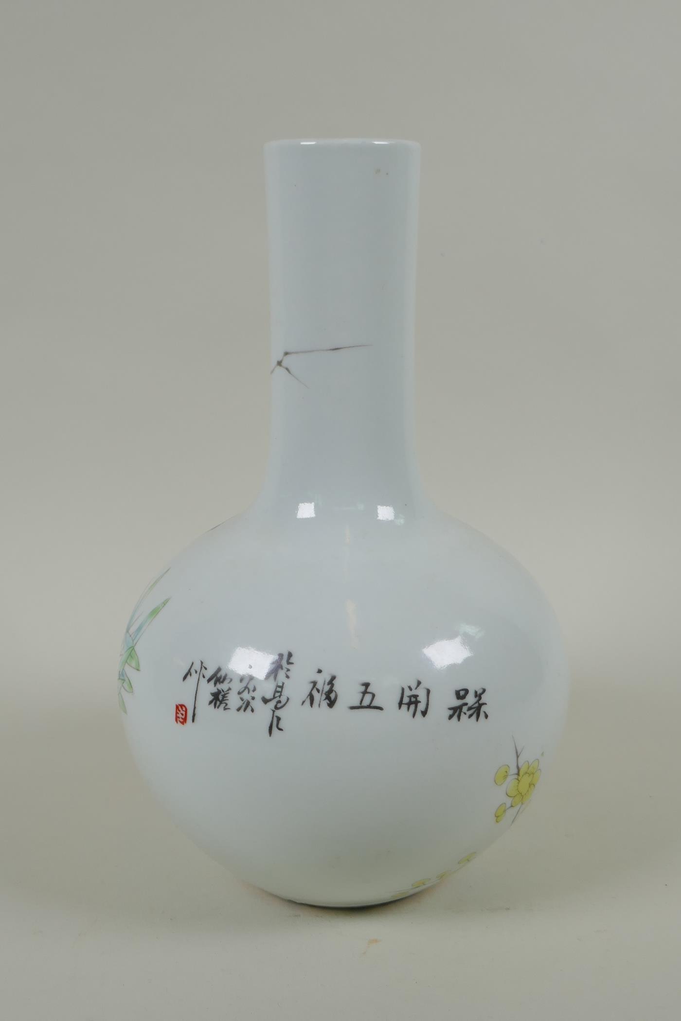 A Chinese polychrome porcelain bottle vase decorated with birds perched on a branch, character - Image 3 of 6