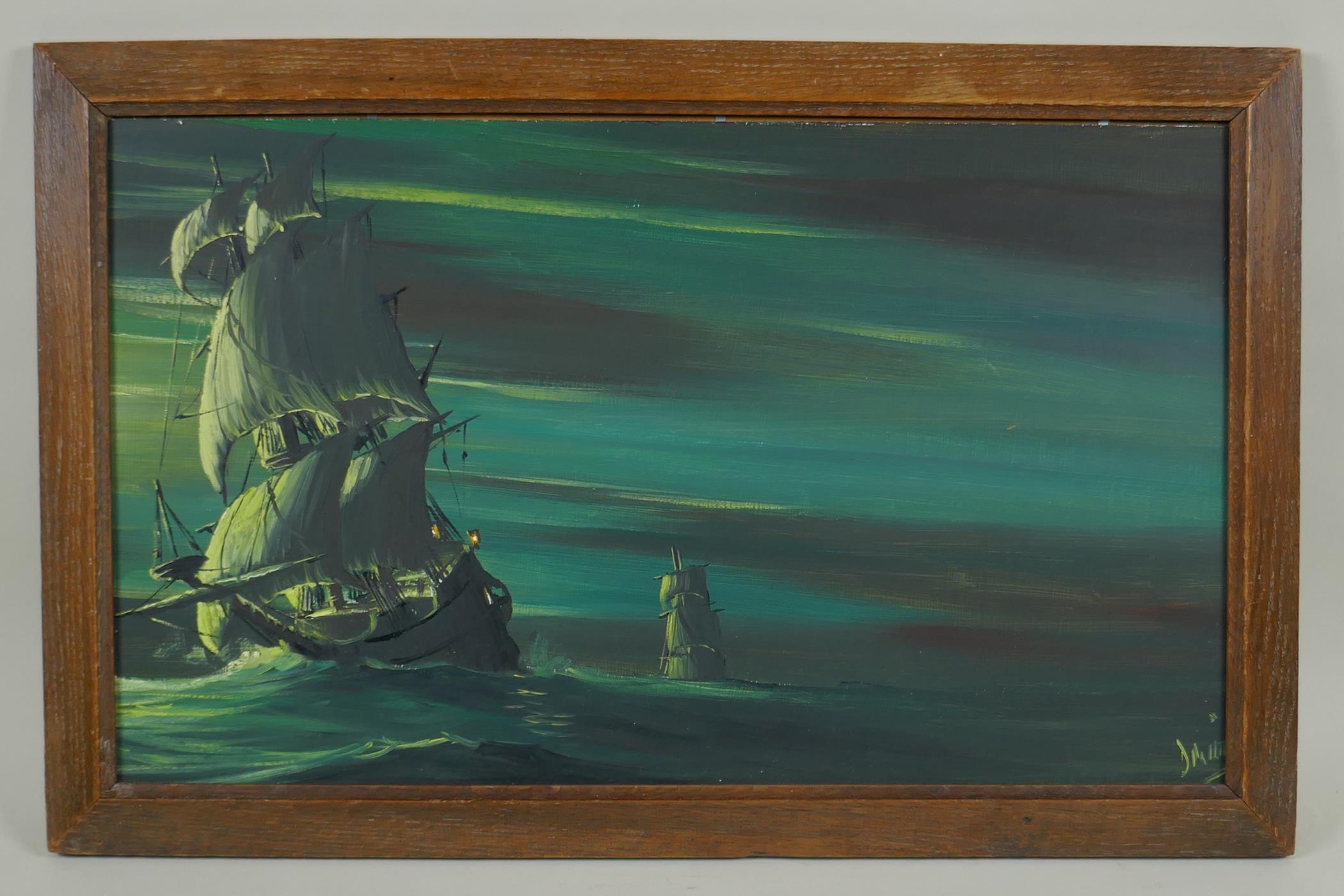 A ghostly shipping scene, indistinctly signed, oil on board, 51 x 31cm - Image 2 of 3