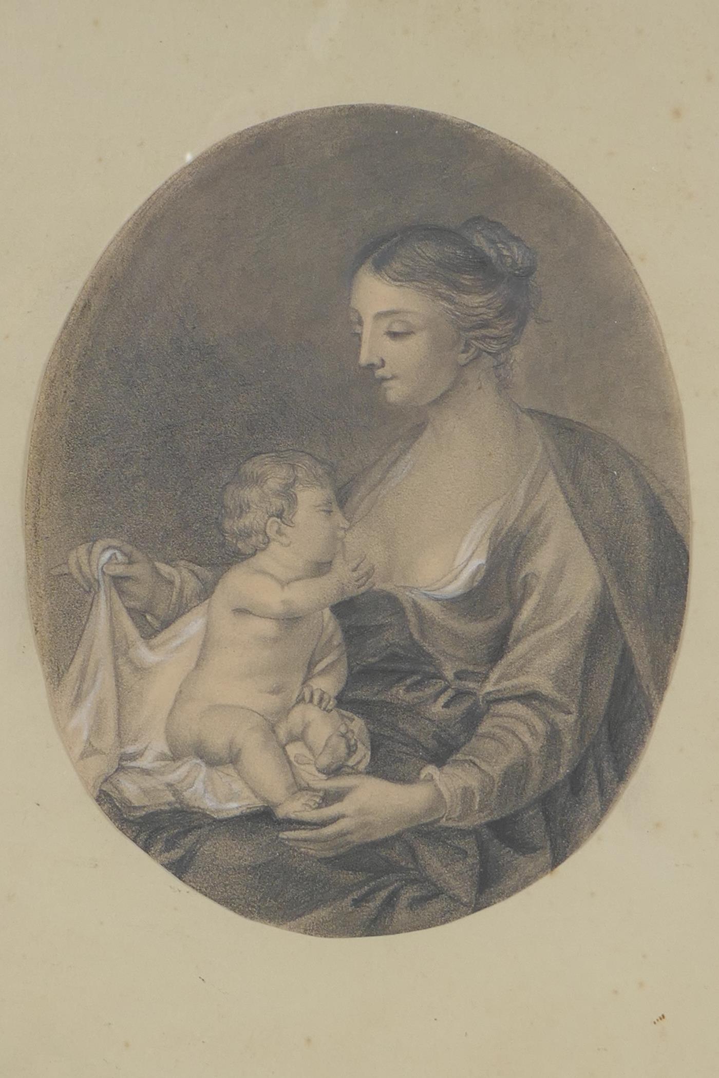 An antique pencil drawing highlighted with white, the Madonna and Child, 20 x 16cm - Image 2 of 2