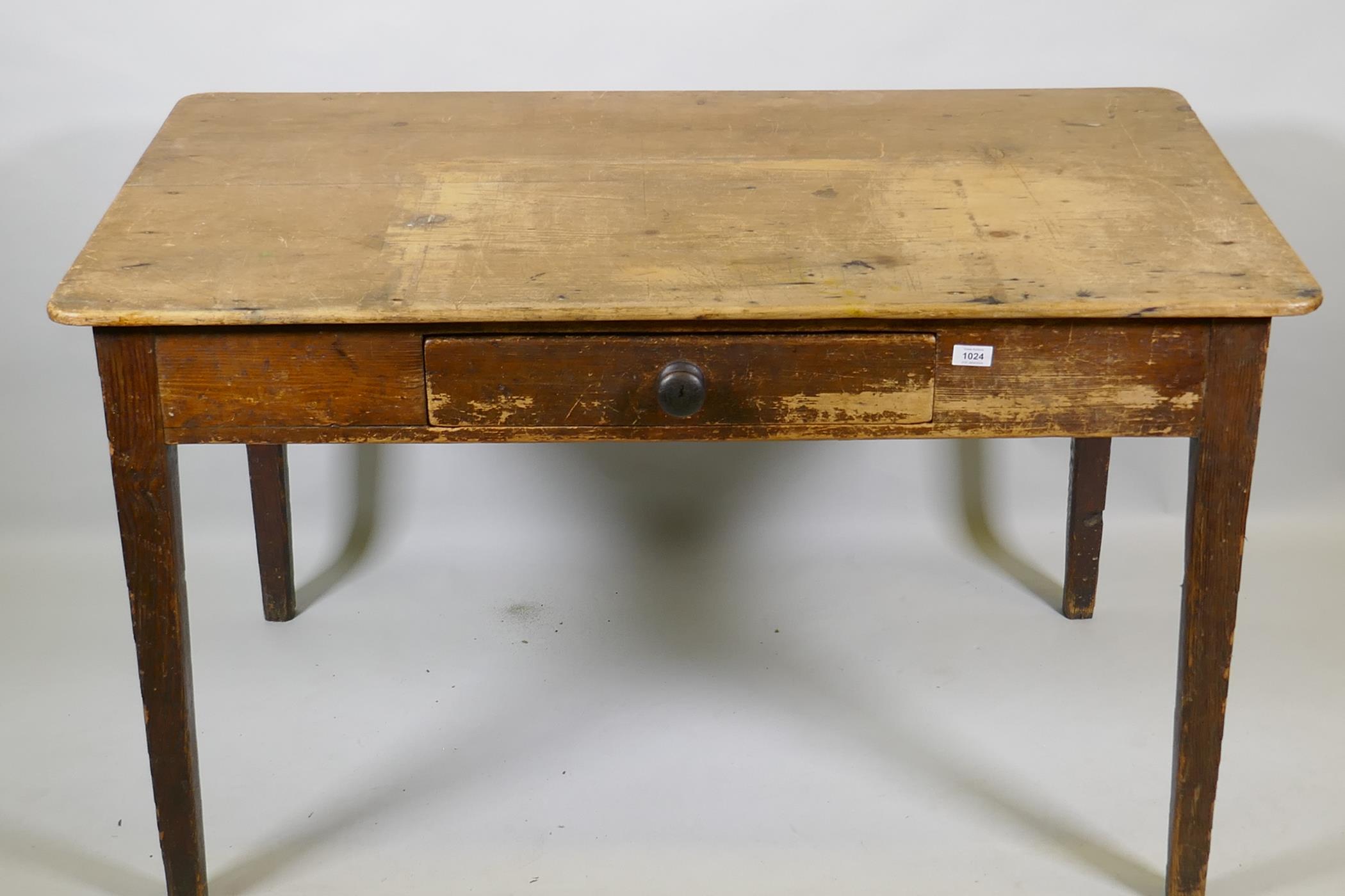 An early C19th pine scullery table with single drawer and scrubbed top, raised on tapering supports, - Image 2 of 3