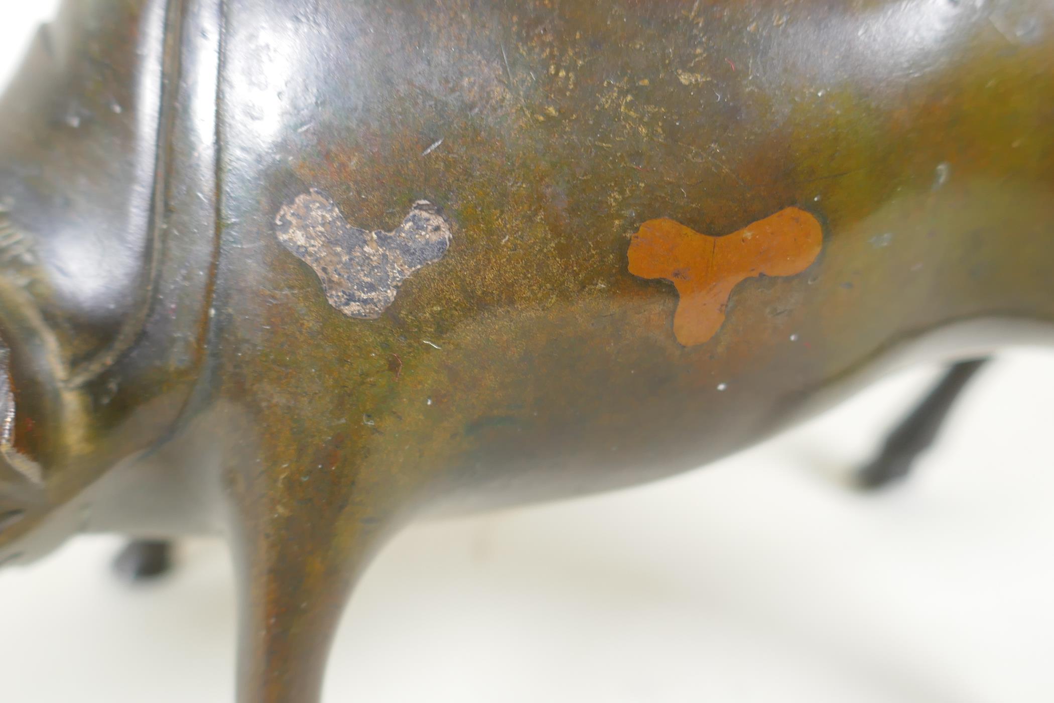 A Japanese Mokume-gane metalware pin cushion in the form of a buffalo, with inlaid decoration, - Image 2 of 4