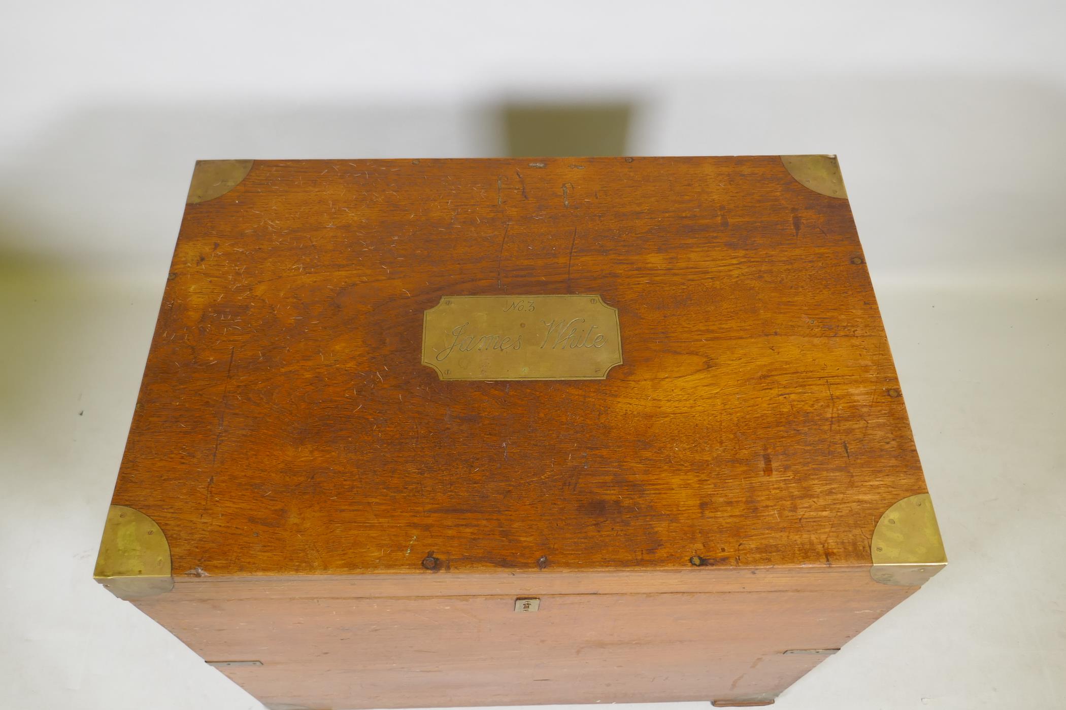 A C19th teak silver chest with campaign/military style brass mounts and handles and inset panel, - Image 2 of 5