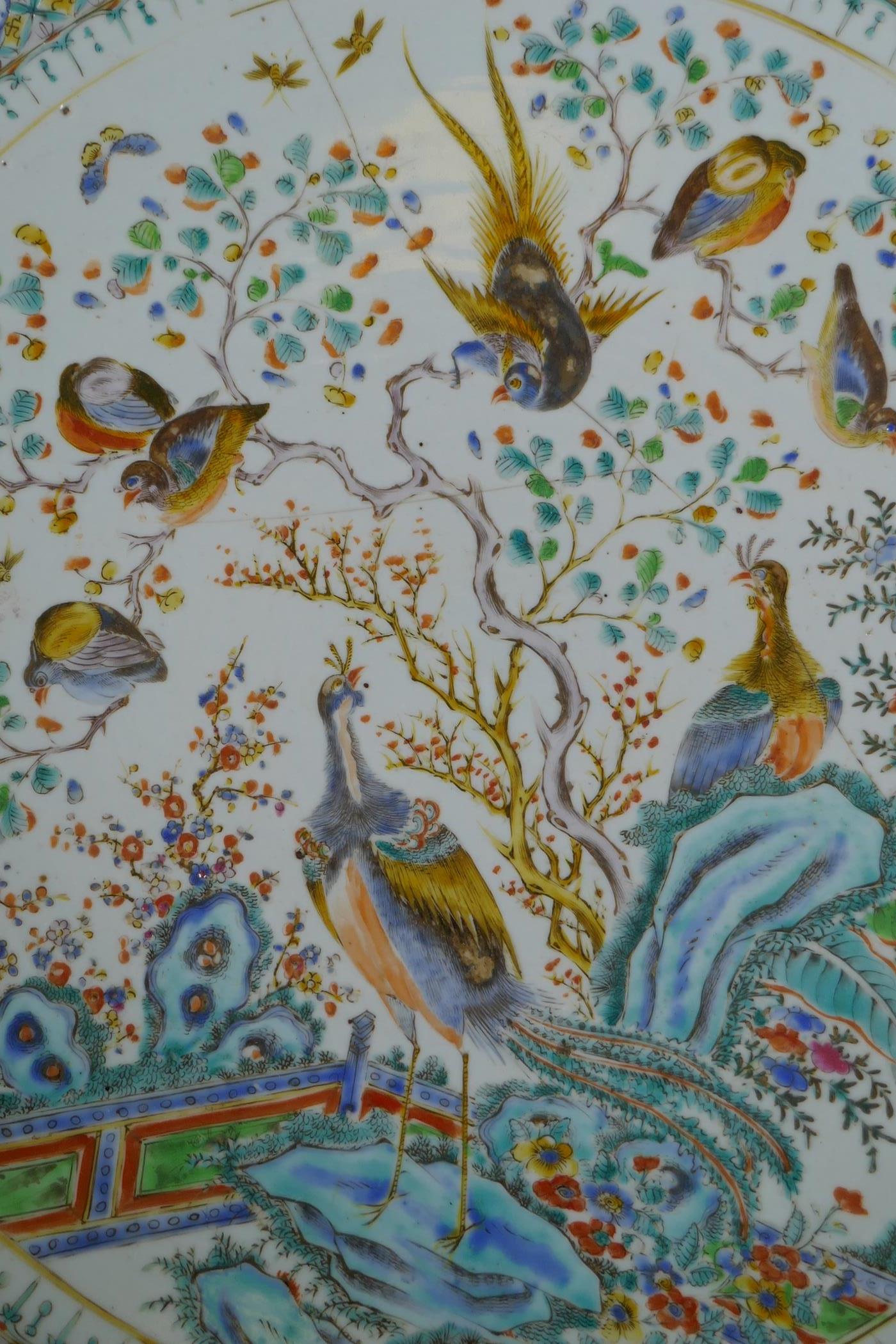 An C18th/C19th Chinese famille verte porcelain charger decorated with peacocks and asiatic birds - Image 2 of 8