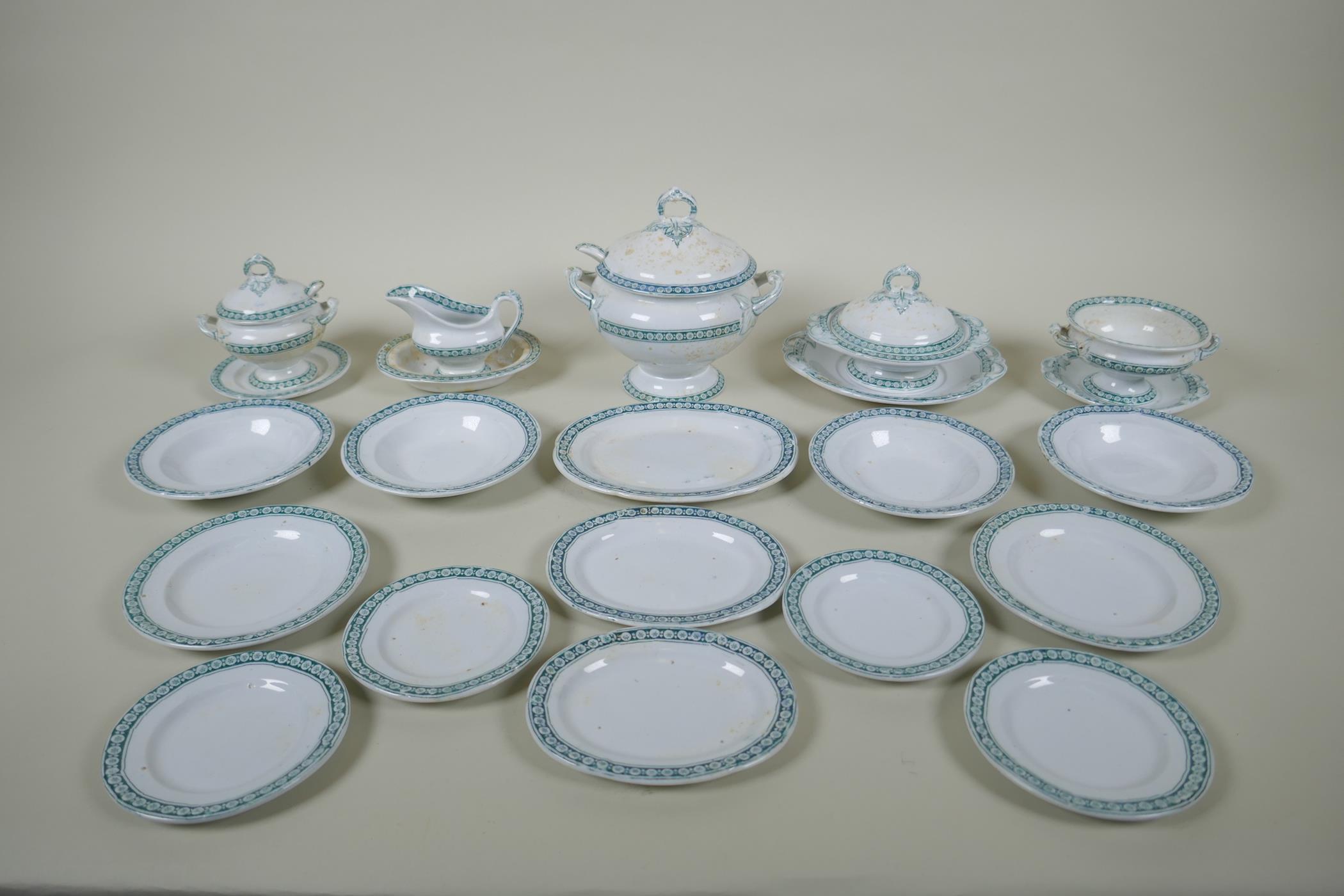 A Victorian transfer printed porcelain doll's dining service, four settings including tureens, gravy