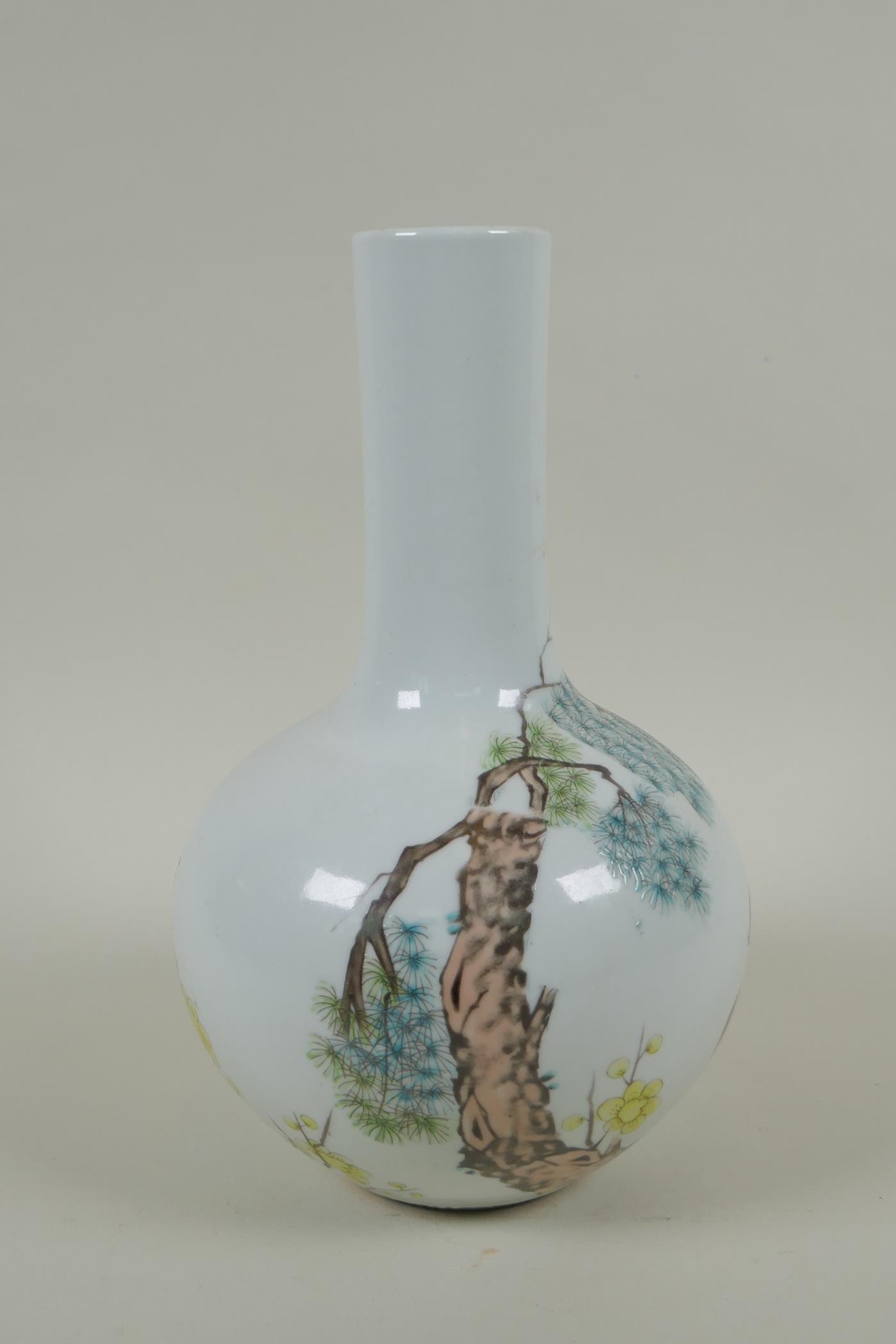 A Chinese polychrome porcelain bottle vase decorated with birds perched on a branch, character - Image 2 of 6