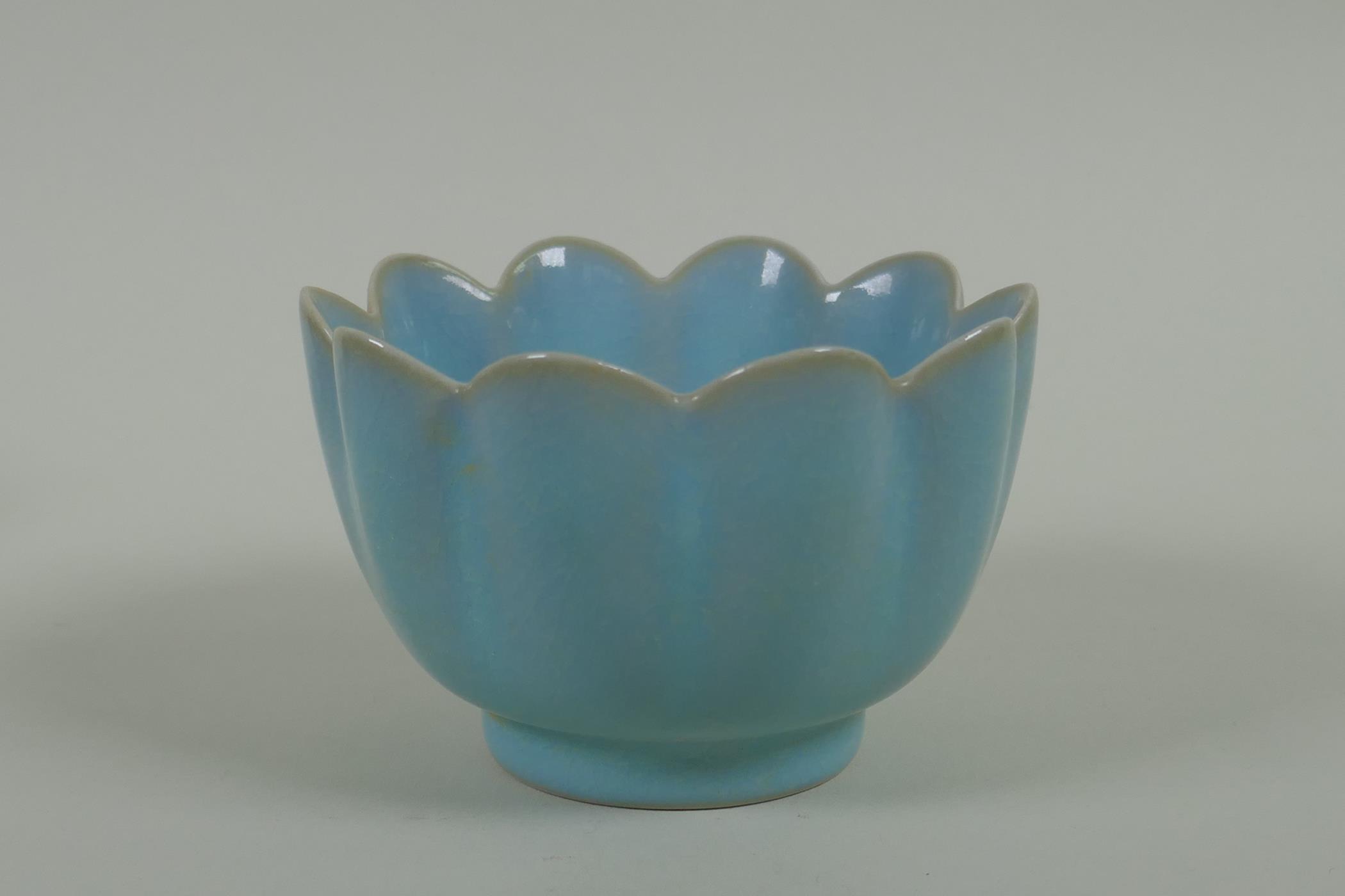 A Chinese Ru ware style lotus flower shaped bowl, 11cm diameter