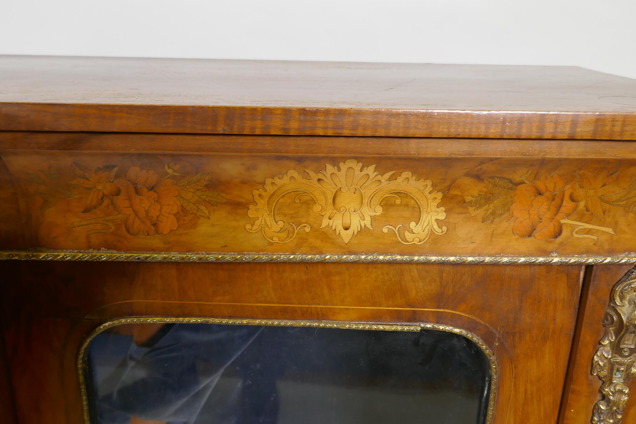 A Victorian marquetry inlaid breakfront walnut credenza with moulded frieze top over three arched - Image 5 of 5