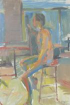 Roger Ferrin, R.O.I., Seated Nude, signed and labelled verso, acrylic on board, 20 x 27cm