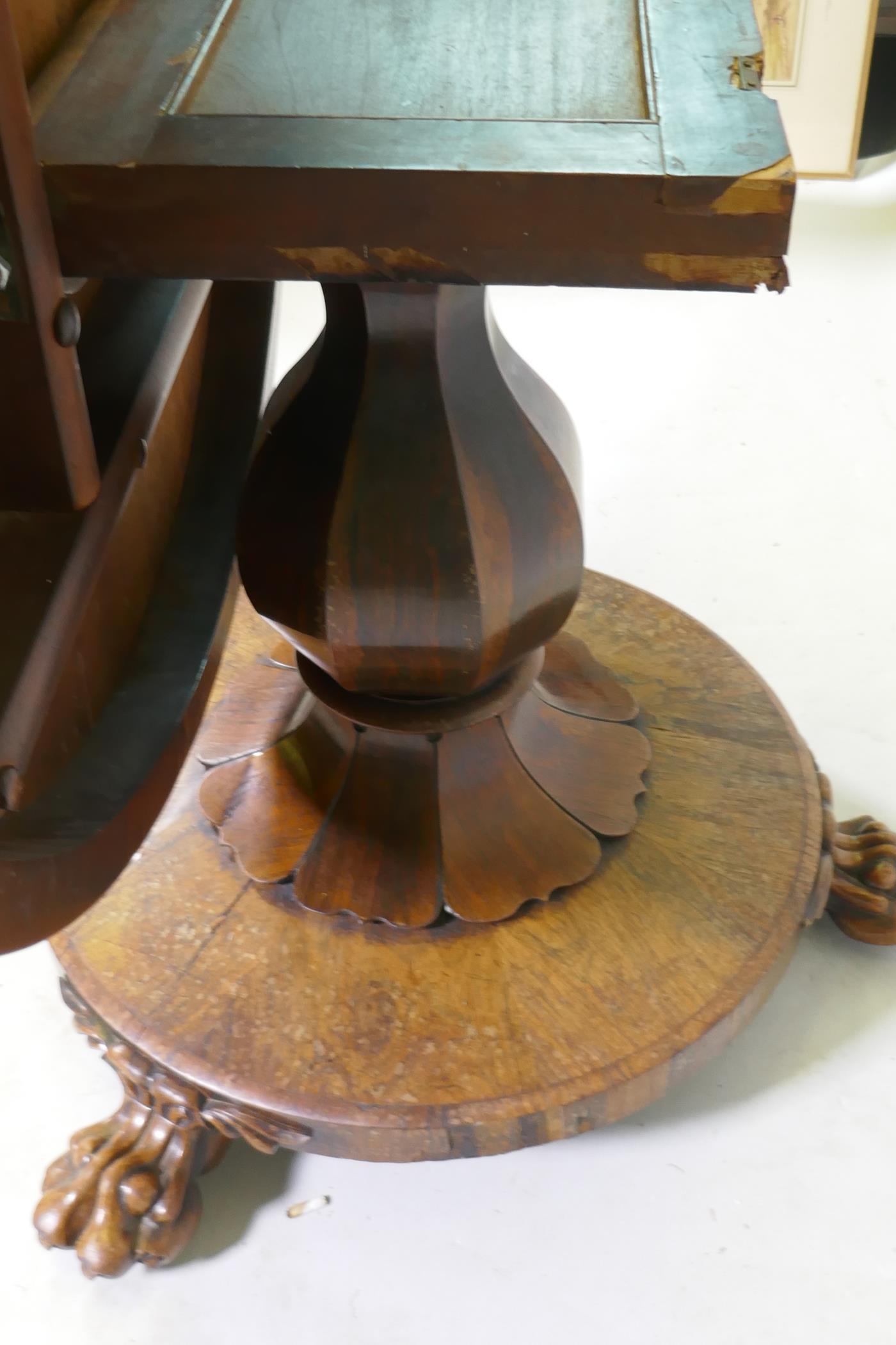 A C19th rosewood tilt top breakfast table, raised on a shaped column with carved detail and platform - Image 4 of 7