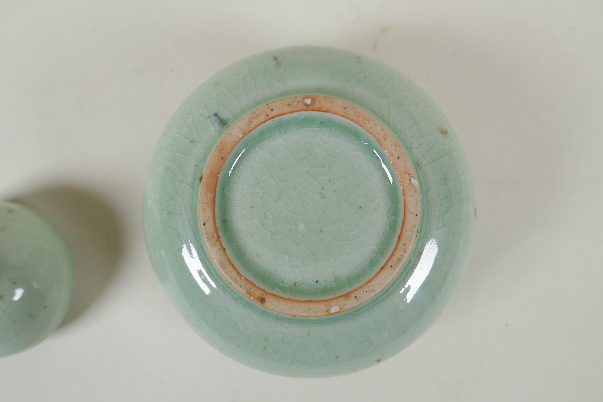 A Chinese celadon crackle glazed porcelain censer and cover, 11cm diameter - Image 3 of 4