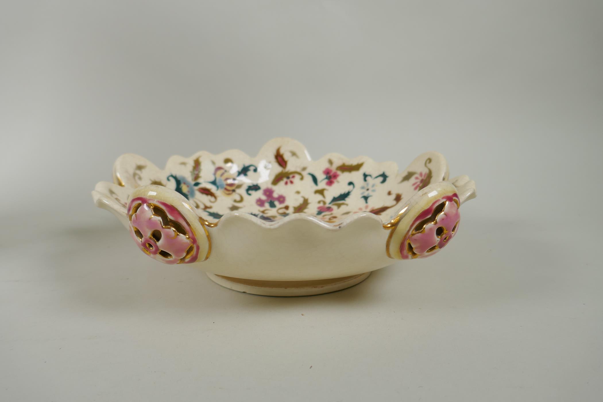 A Zsolnay Pecs polychrome porcelain dish with frilled rim and floral decoration, together with a - Image 3 of 7