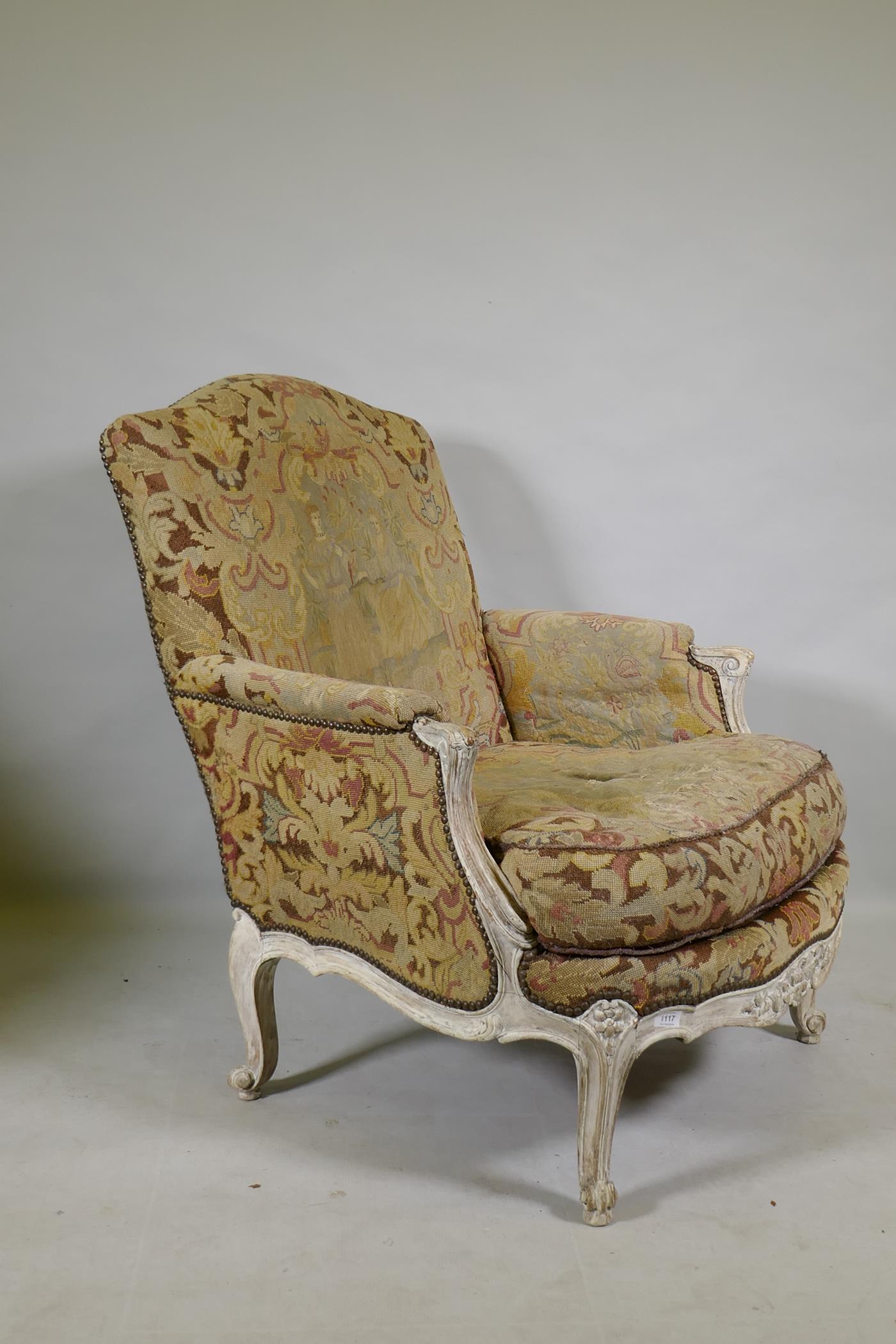 An C18th style French carved and painted beechwood framed arm chair with tapestry covers - Image 6 of 7
