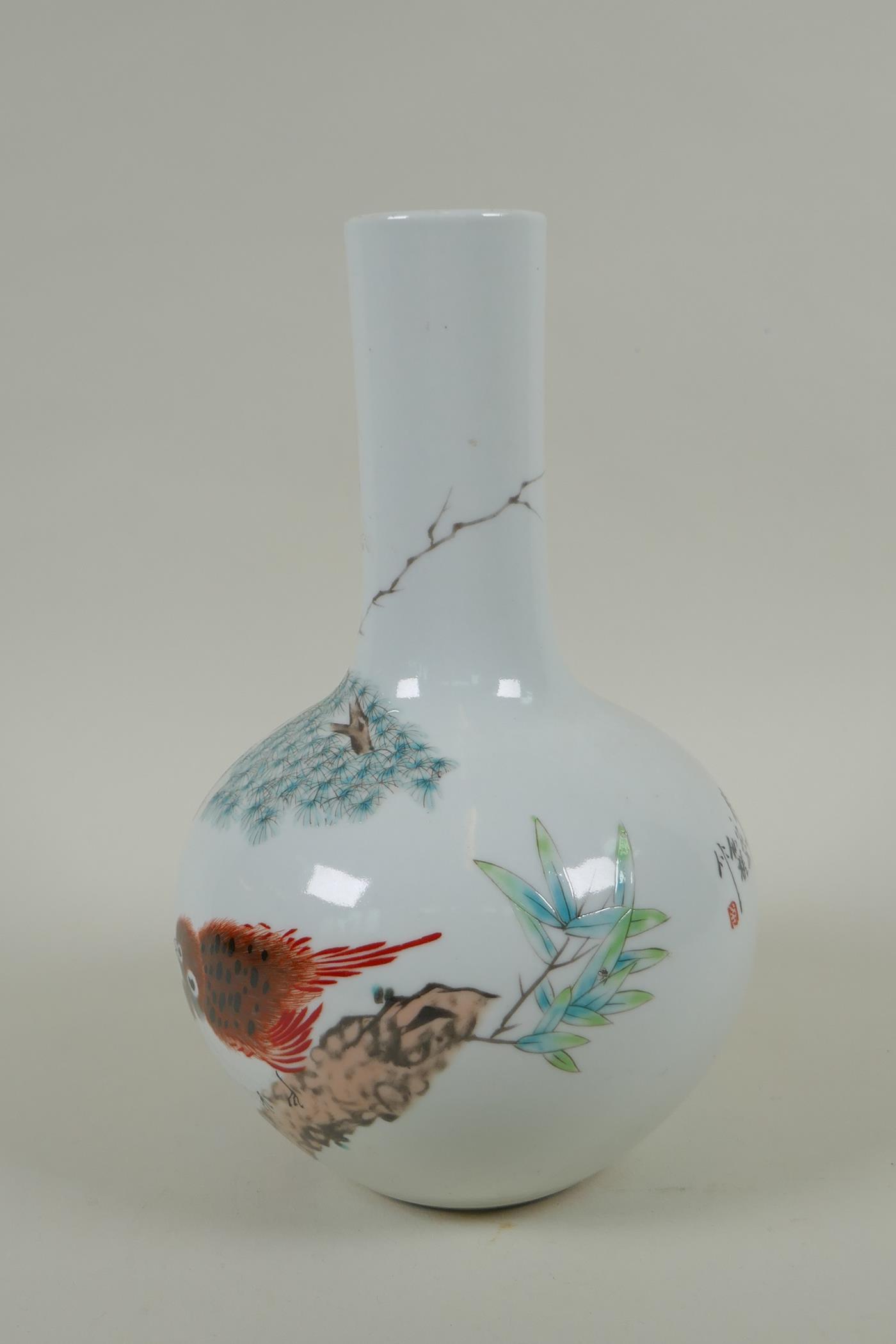 A Chinese polychrome porcelain bottle vase decorated with birds perched on a branch, character - Image 4 of 6