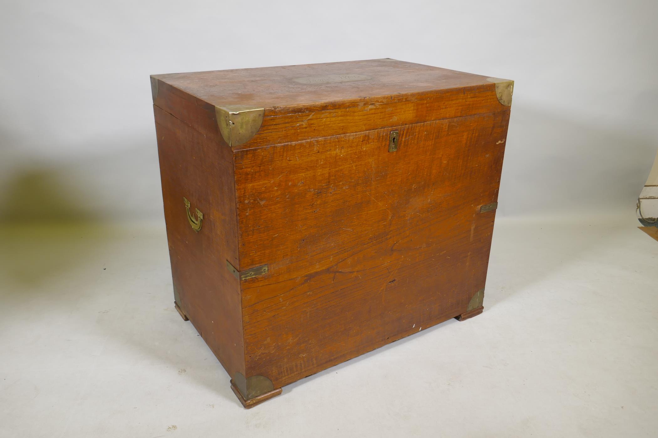 A C19th teak silver chest with campaign/military style brass mounts and handles and inset panel, - Image 5 of 5