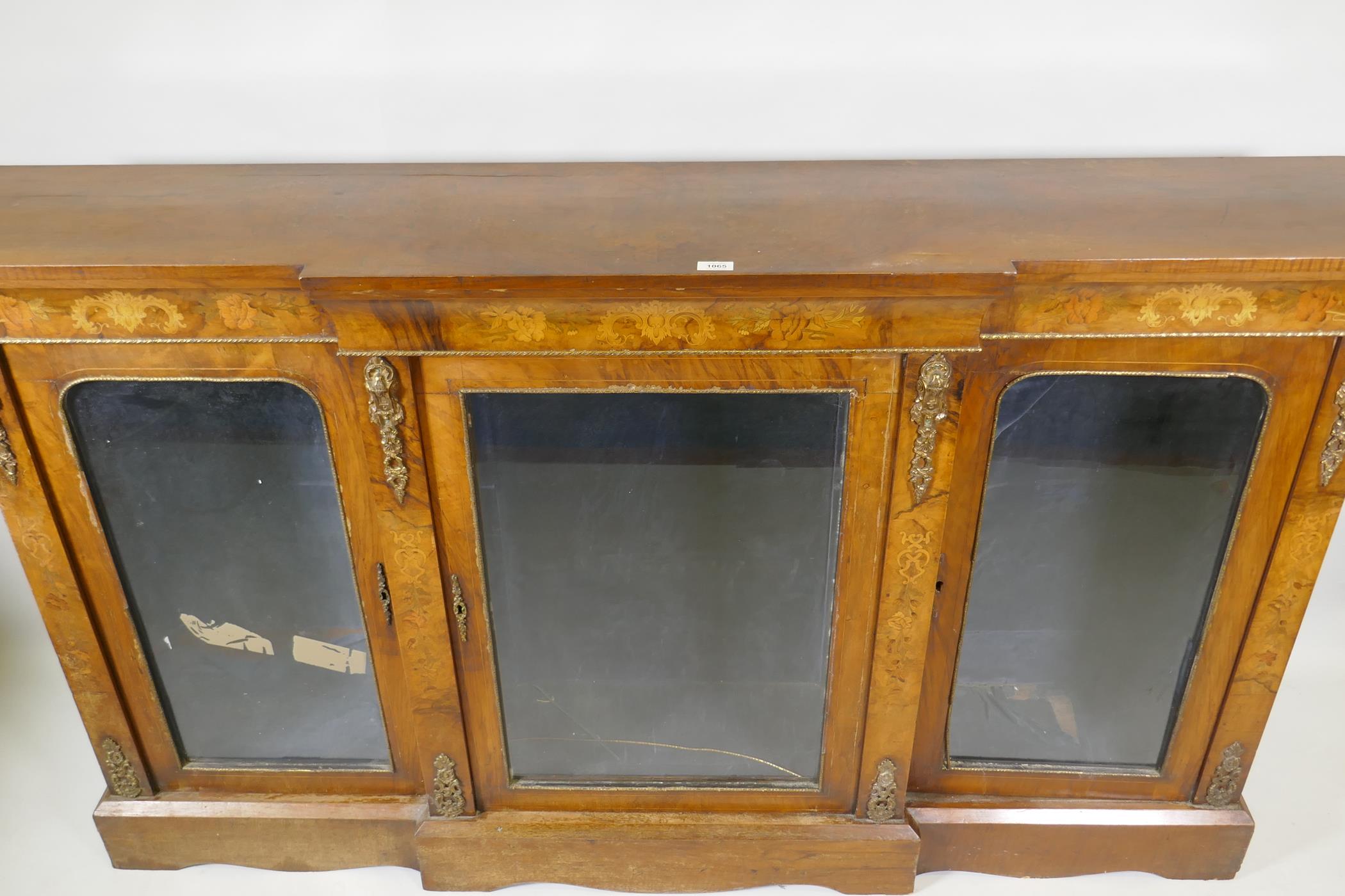A Victorian marquetry inlaid breakfront walnut credenza with moulded frieze top over three arched - Image 3 of 5