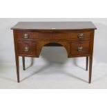 C19th mahogany three drawer bow fronted kneehole dressing table/desk, with original plate handles,