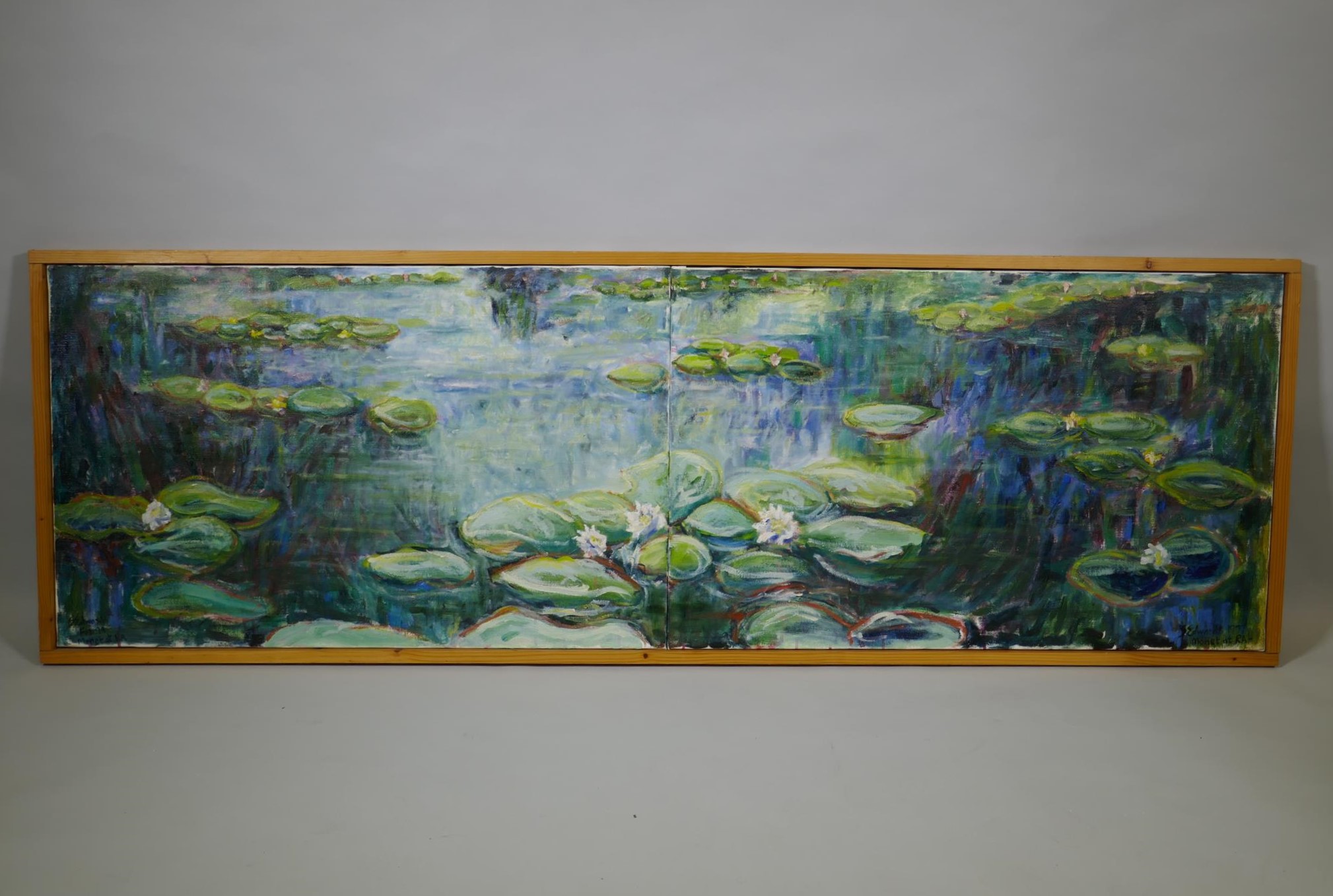 After Claude Monet, (French, 1840-1926), waterlilies, diptych copy by S. Edwards, oil on canvas, 192 - Bild 2 aus 4