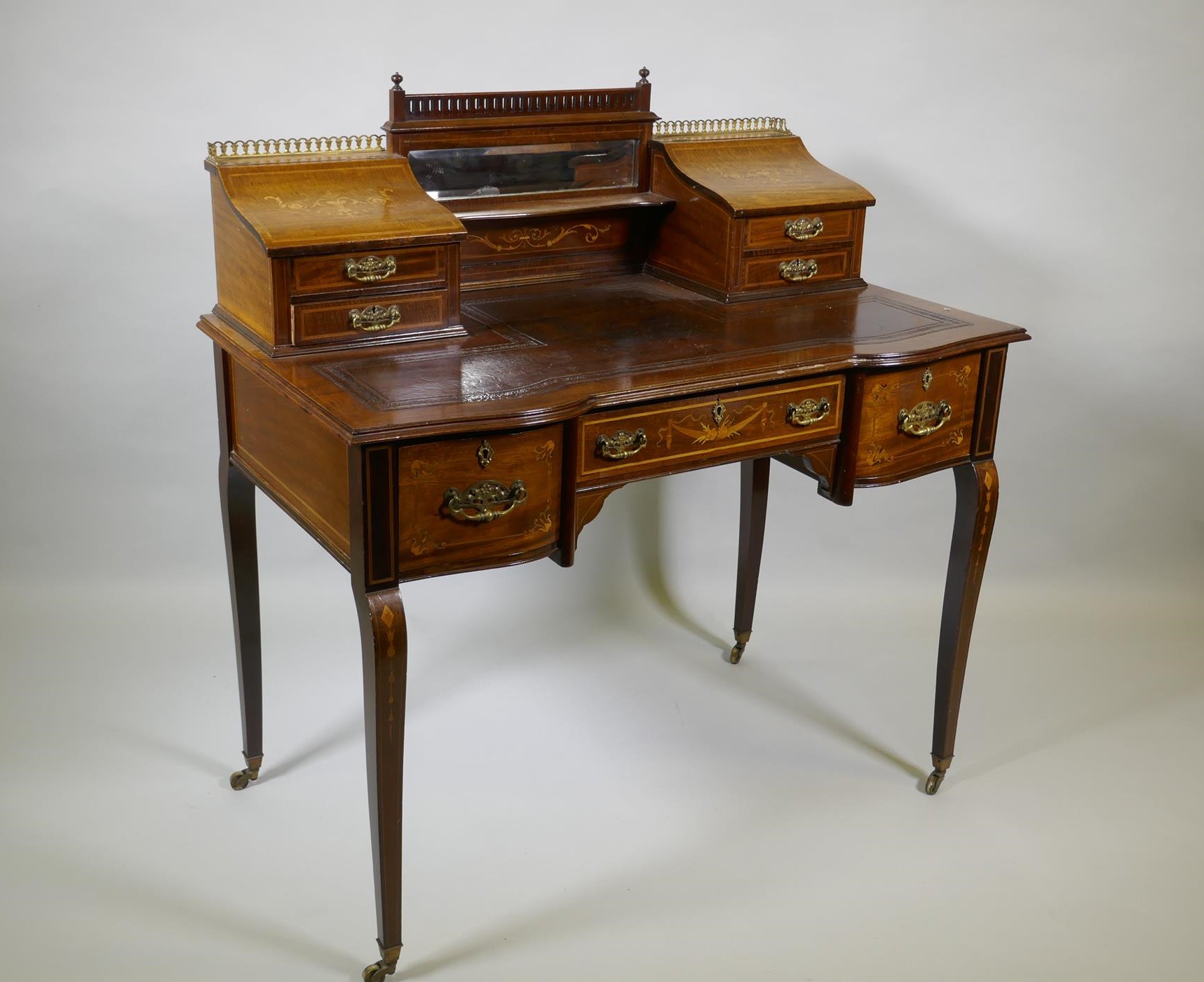 A Victorian inlaid mahogany inverted breakfront bonheure de jour, with pierced brass gallery top and - Image 2 of 4