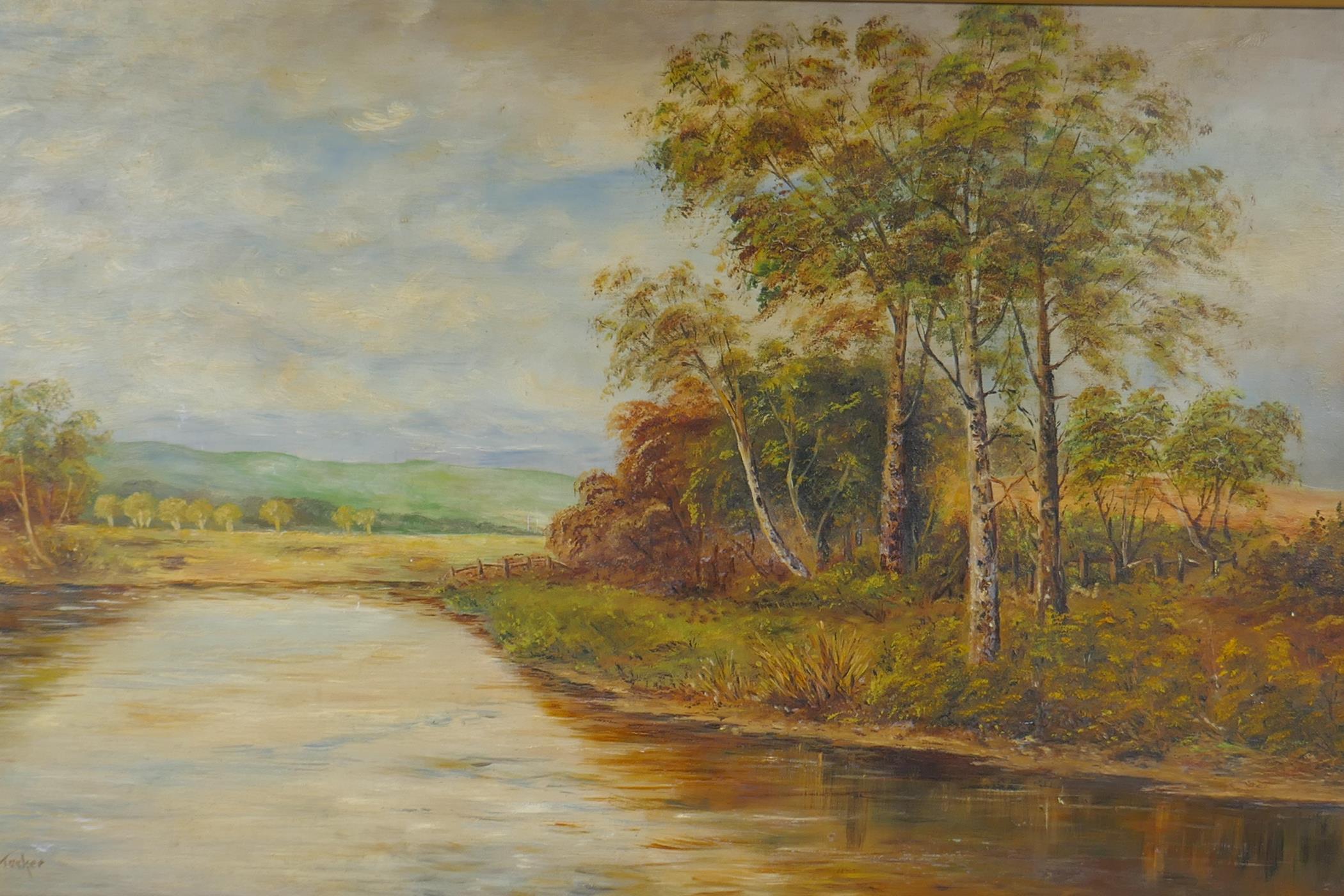 A rural riverside landscape, late C19th/C20th, indistinctly signed, oil on canvas, 56 x 36 - Image 2 of 4