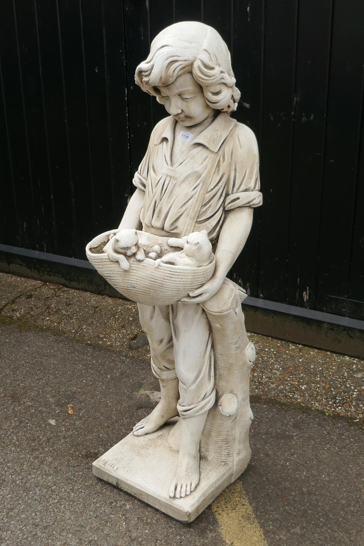 A painted reconstituted stone/concrete garden figure, boy with two puppies, 120cm high - Image 3 of 6