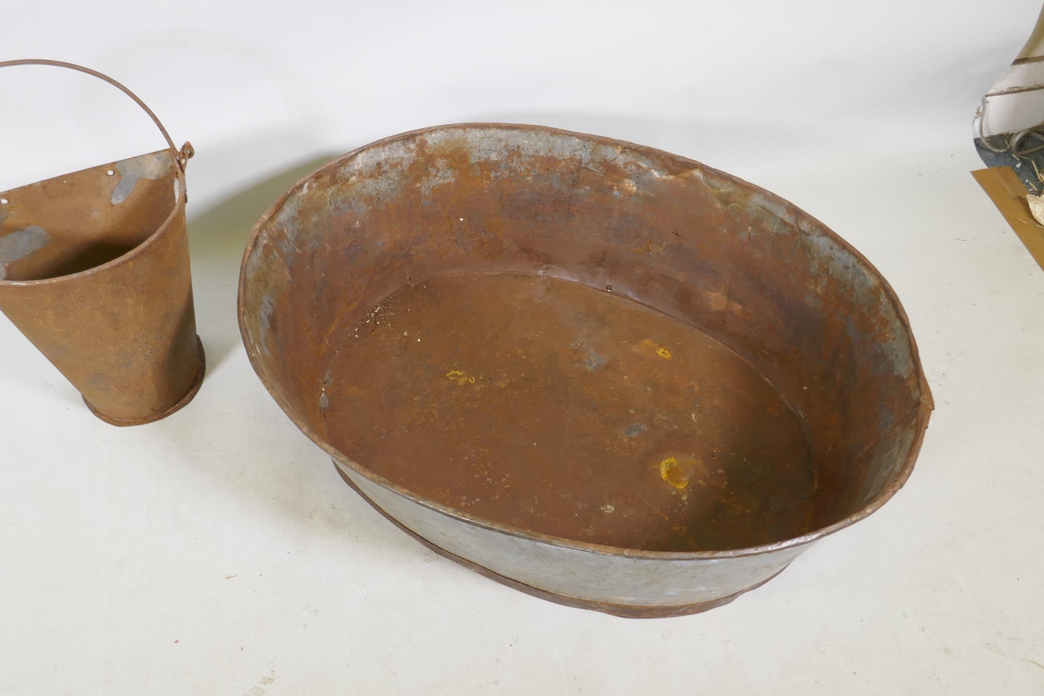 A galvanised metal oval trough and a half gallon hopper, 82 x 62cm - Image 2 of 3