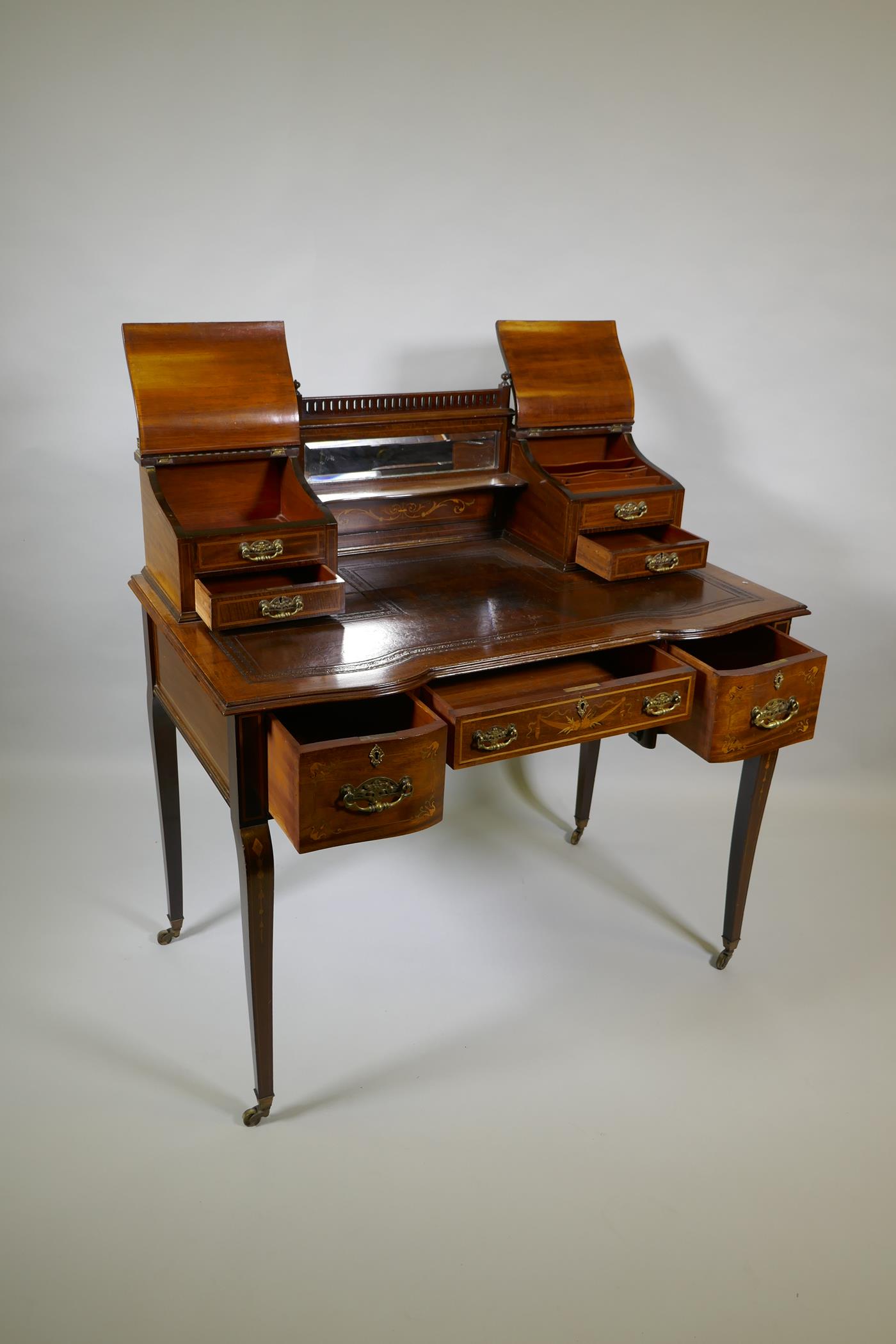 A Victorian inlaid mahogany inverted breakfront bonheure de jour, with pierced brass gallery top and - Image 4 of 4