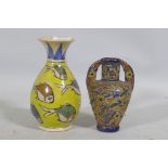 An Eastern ceramic vase with Iznik decoration and a smaller vase, 18cm high