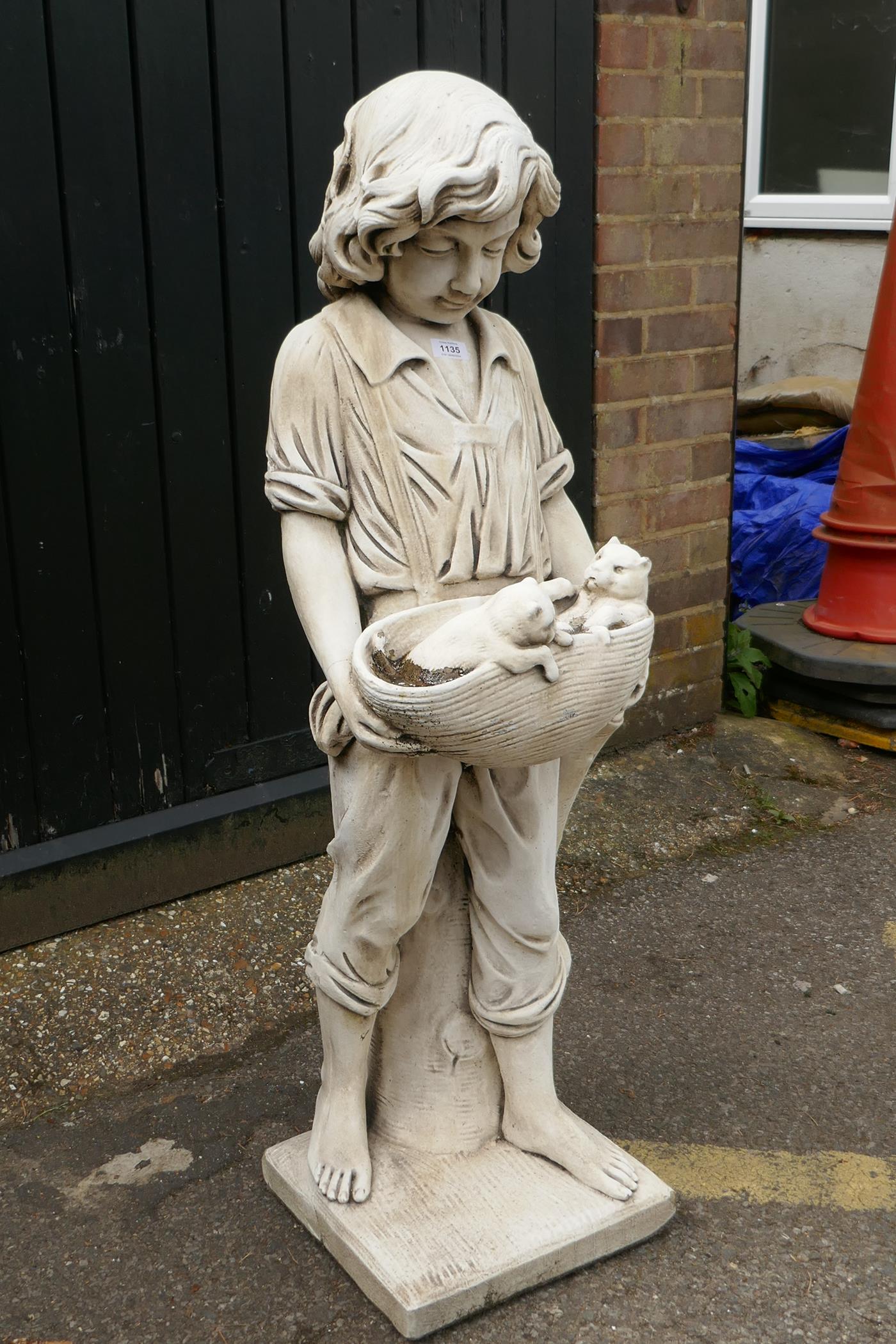 A painted reconstituted stone/concrete garden figure, boy with two puppies, 120cm high - Image 2 of 6