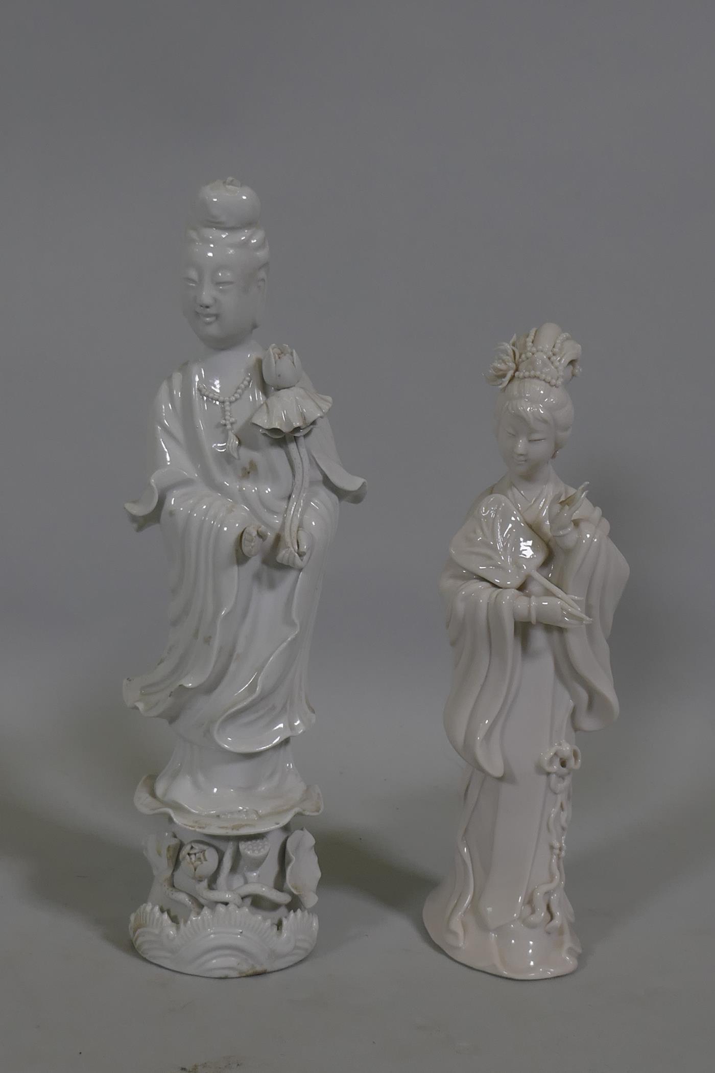 A vintage Chinese blanc de chine figure of Quan Yin with lotus, 27cm high, AF minor losses, and