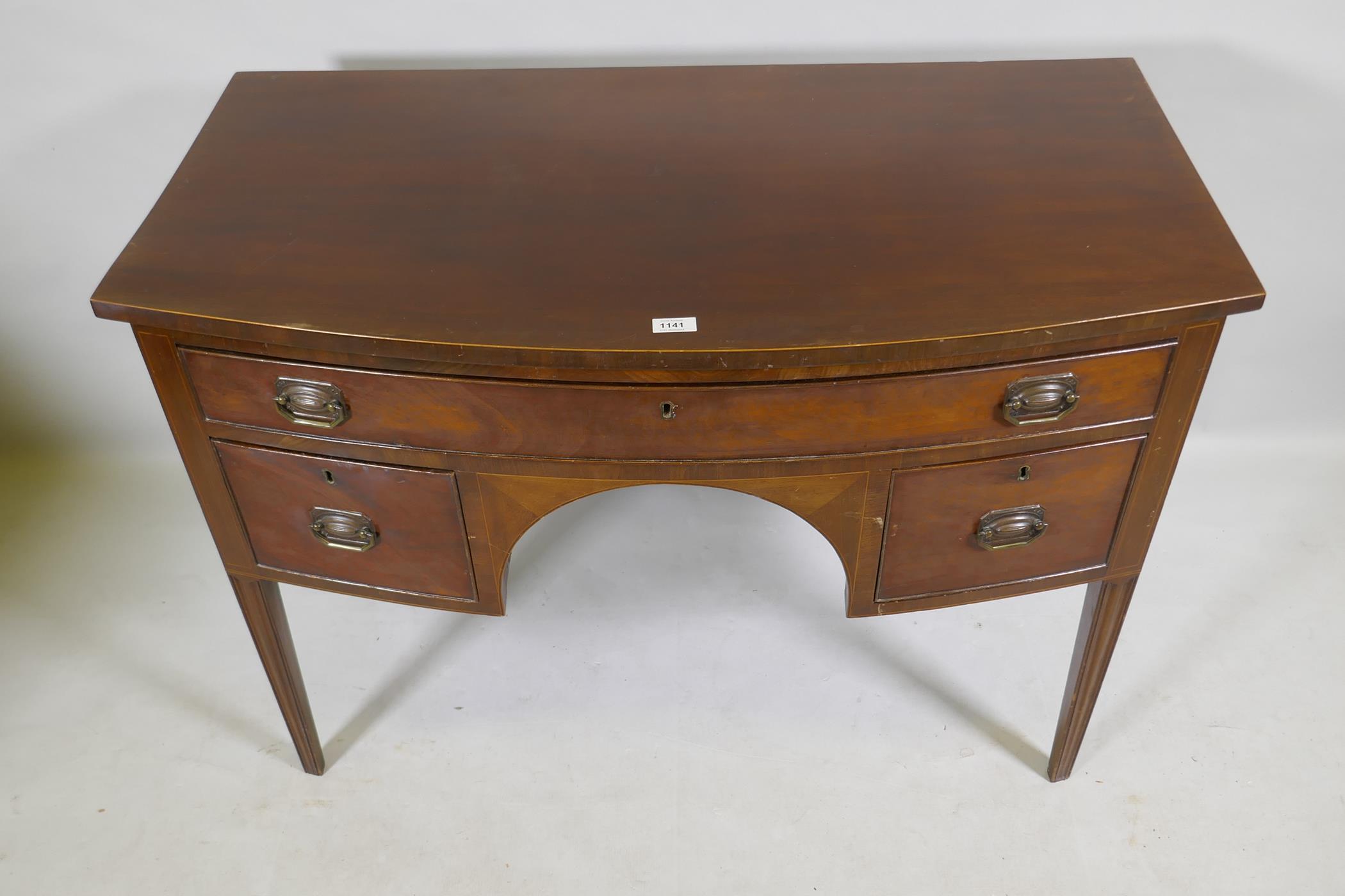 C19th mahogany three drawer bow fronted kneehole dressing table/desk, with original plate handles, - Image 2 of 3