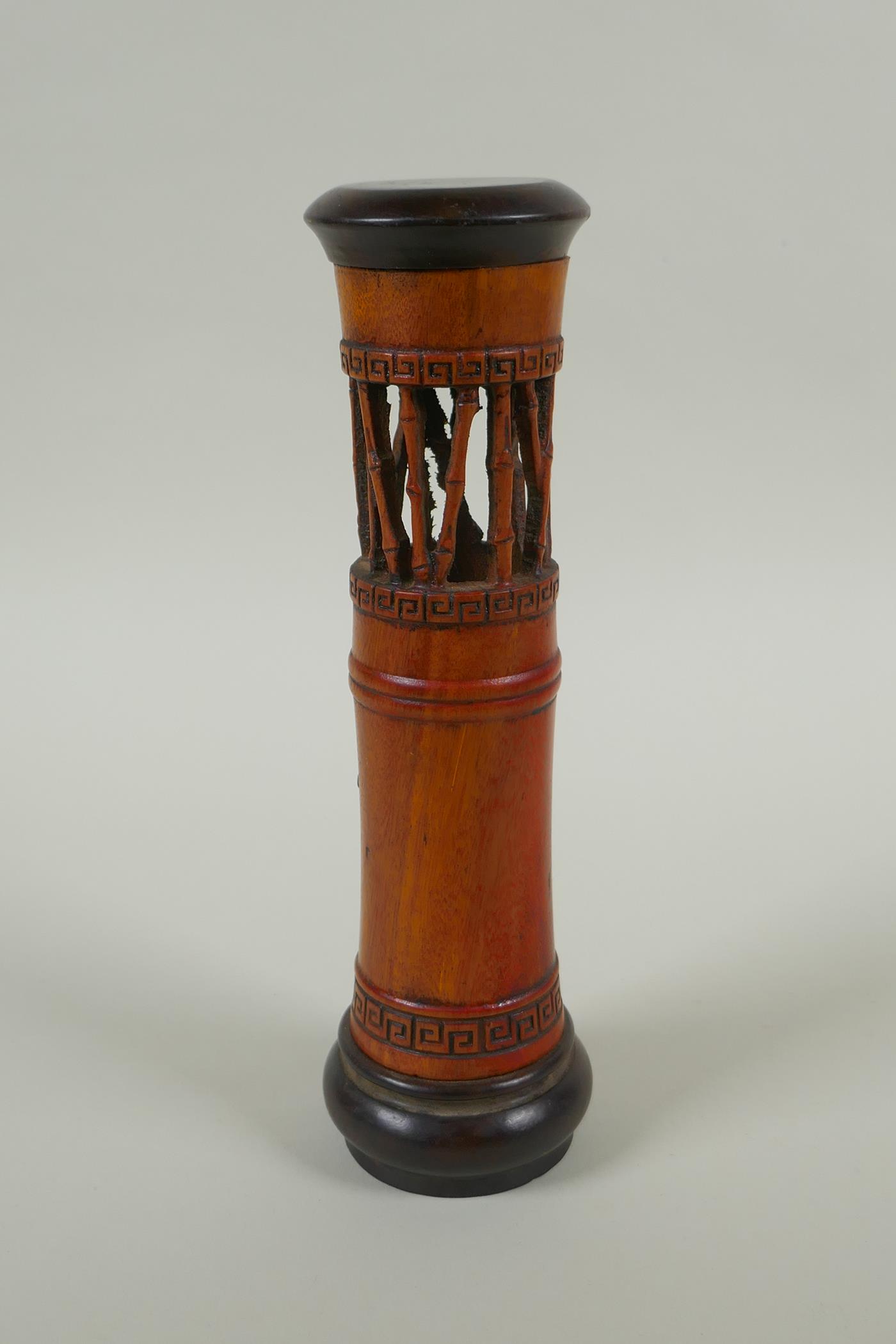 A Chinese carved bamboo incense burner with bamboo decoration, 25cm high - Image 2 of 4